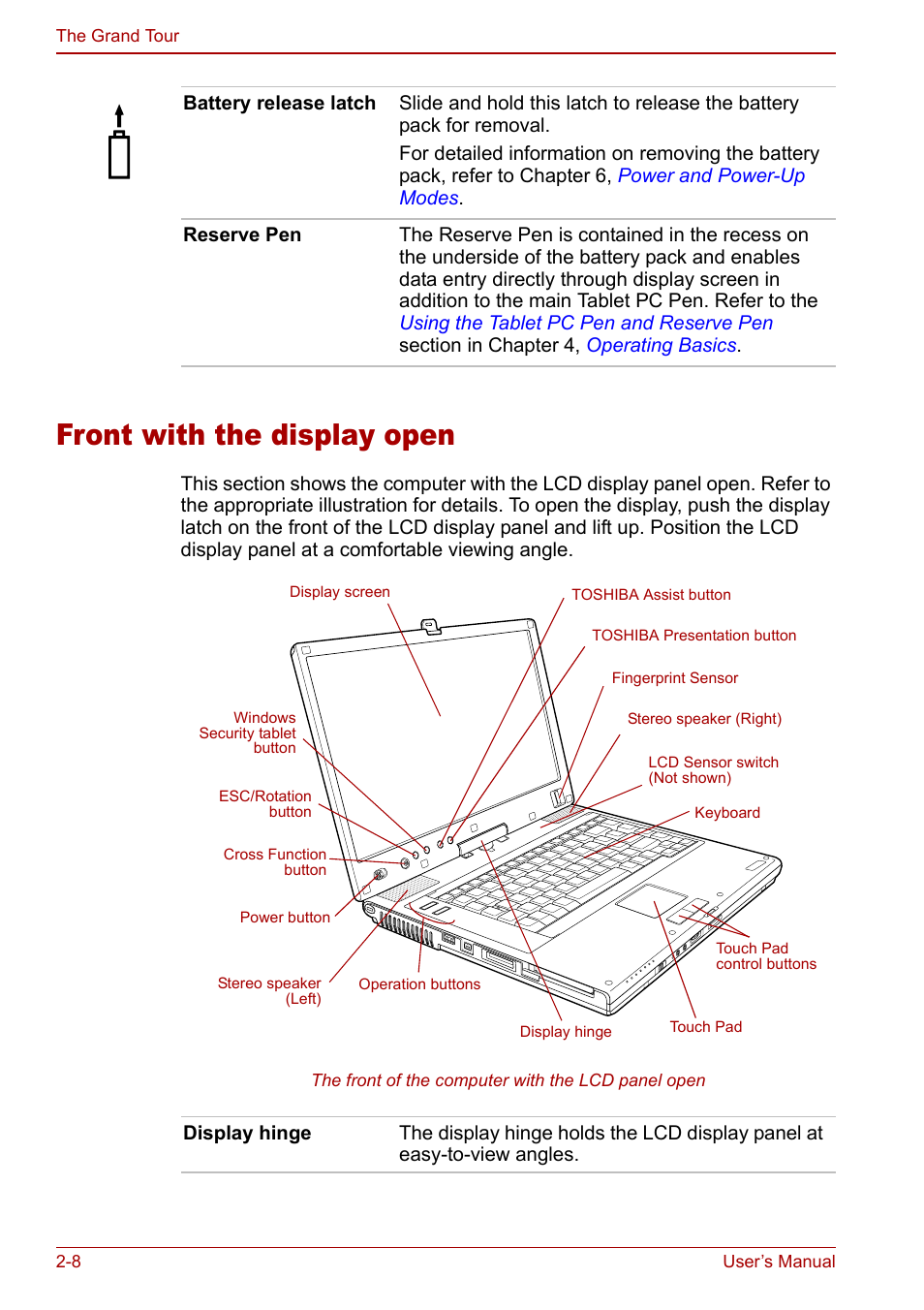 Front with the display open, Front with the display open -8 | Toshiba Tecra M7 User Manual | Page 42 / 244