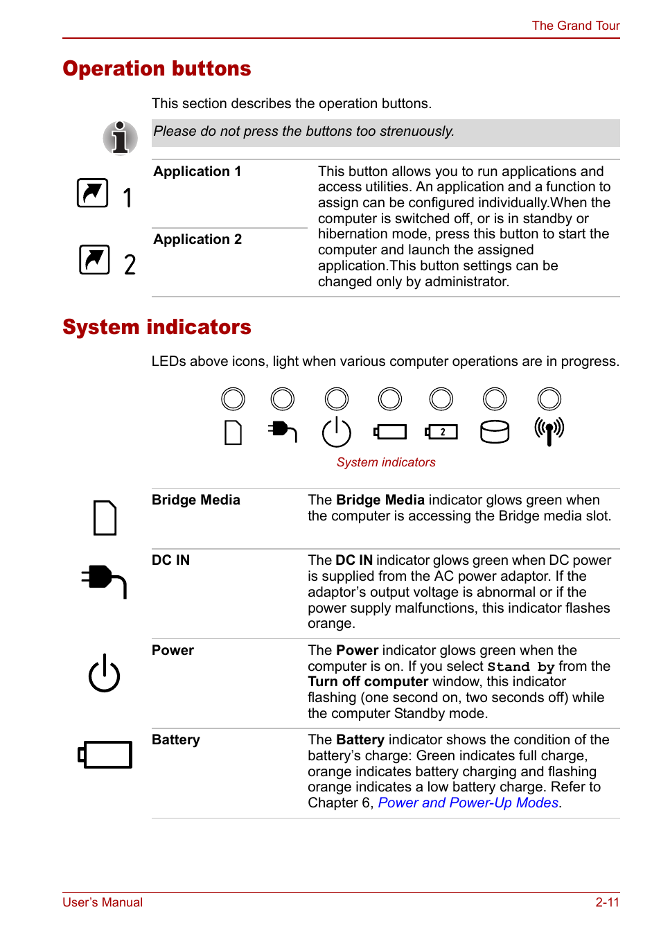 Operation buttons, System indicators, Operation buttons -11 system indicators -11 | System, Indicators | Toshiba Tecra M7 User Manual | Page 45 / 244