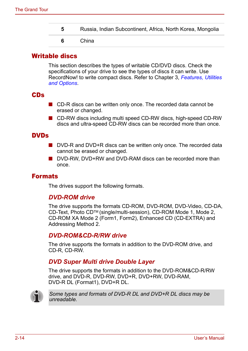 Writable discs, Dvds, Formats | Toshiba Tecra M7 User Manual | Page 48 / 244