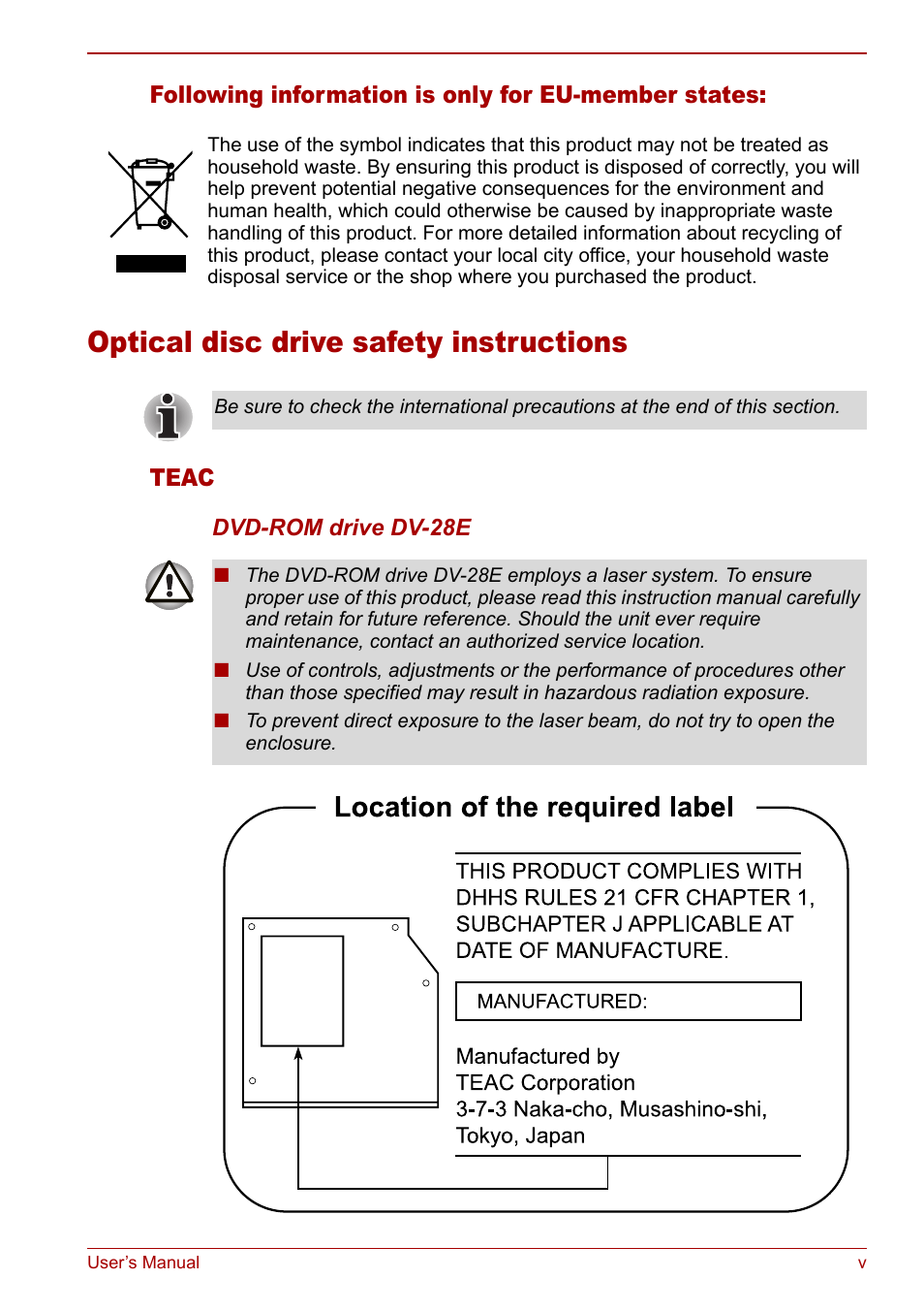 Optical disc drive safety instructions | Toshiba Tecra M7 User Manual | Page 5 / 244