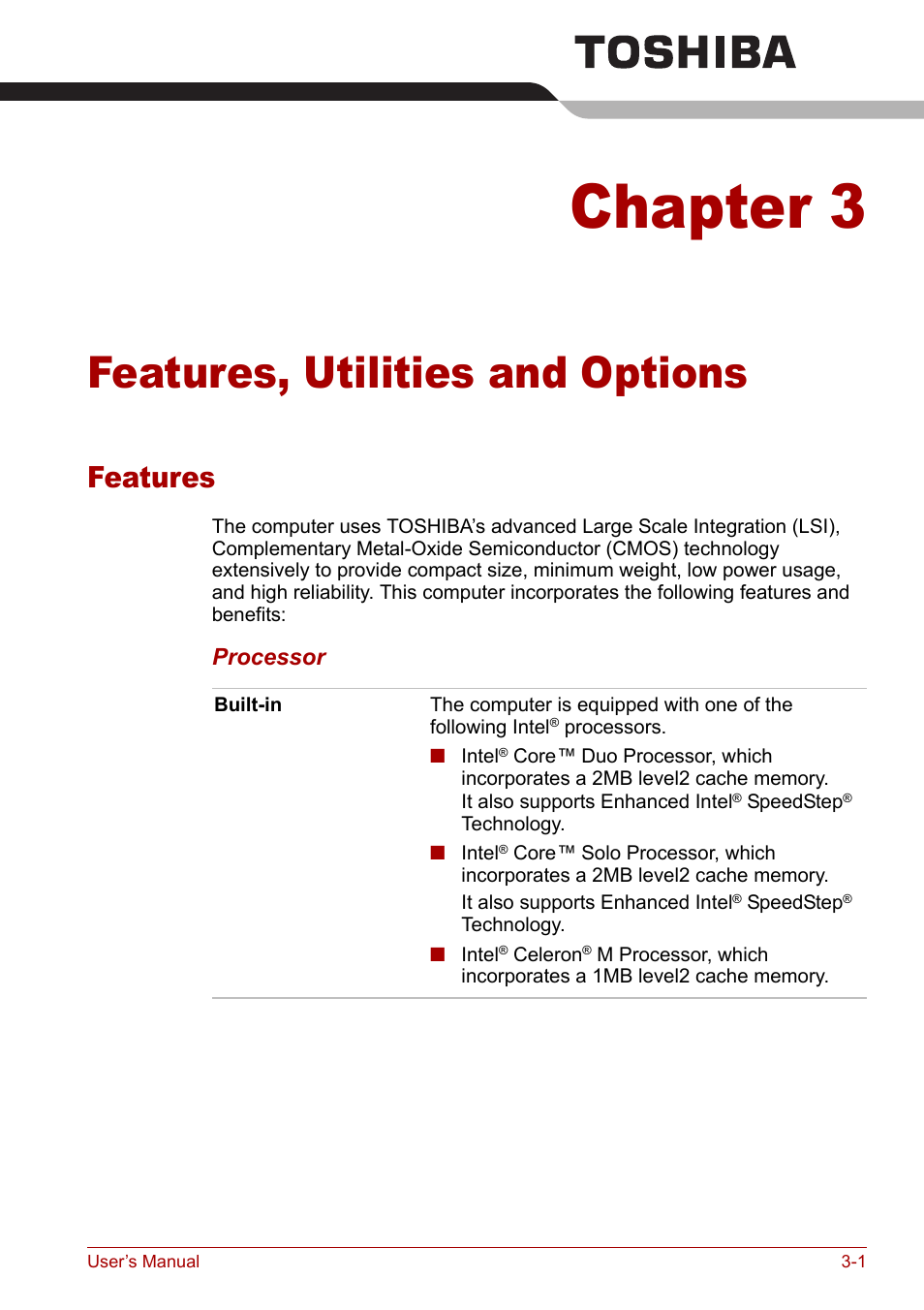 Chapter 3 - features, utilities and options, Features, Chapter 3 | Features, utilities and options, Features -1 | Toshiba Tecra M7 User Manual | Page 51 / 244