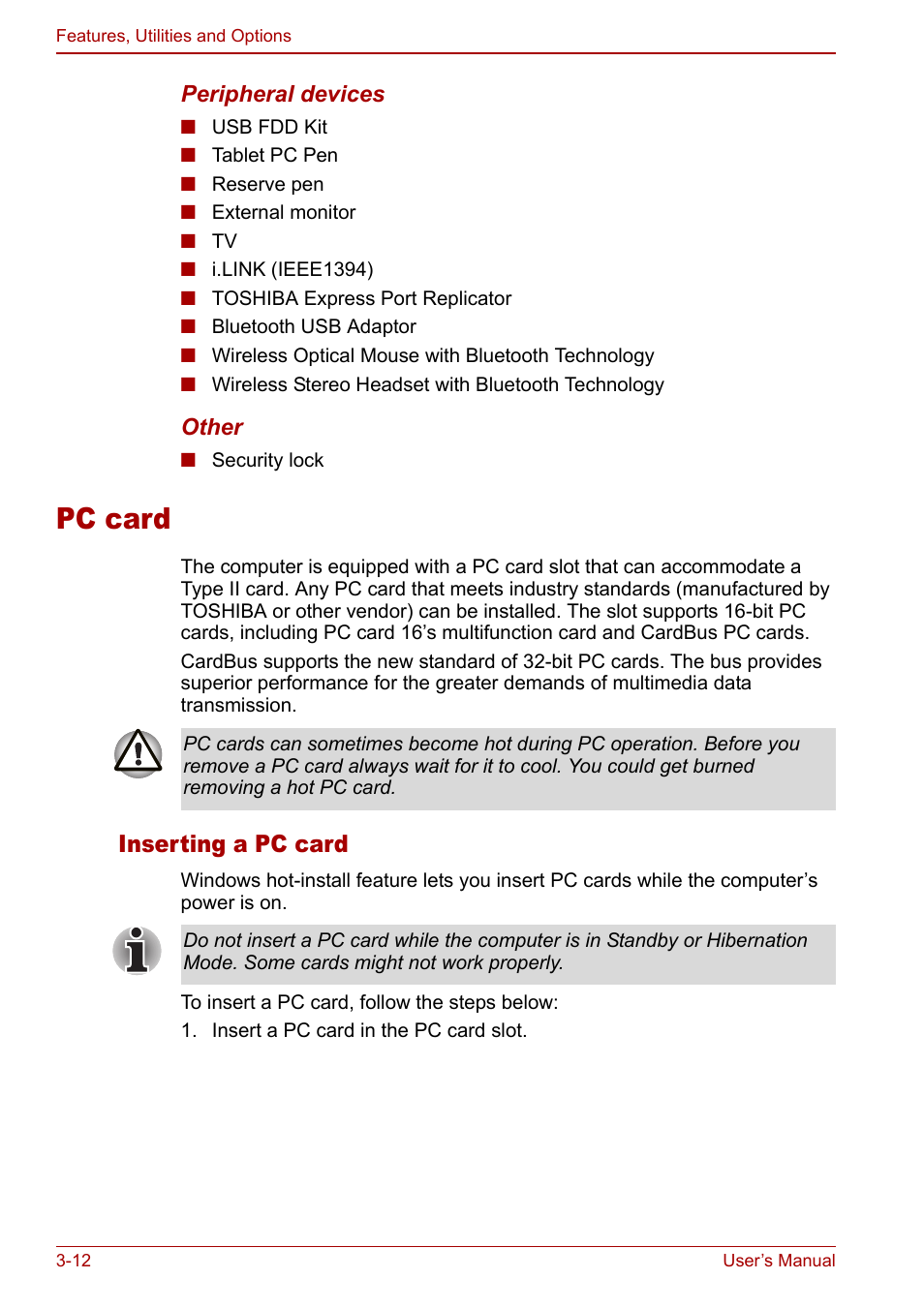 Pc card, Pc card -12, Inserting a pc card | Toshiba Tecra M7 User Manual | Page 62 / 244