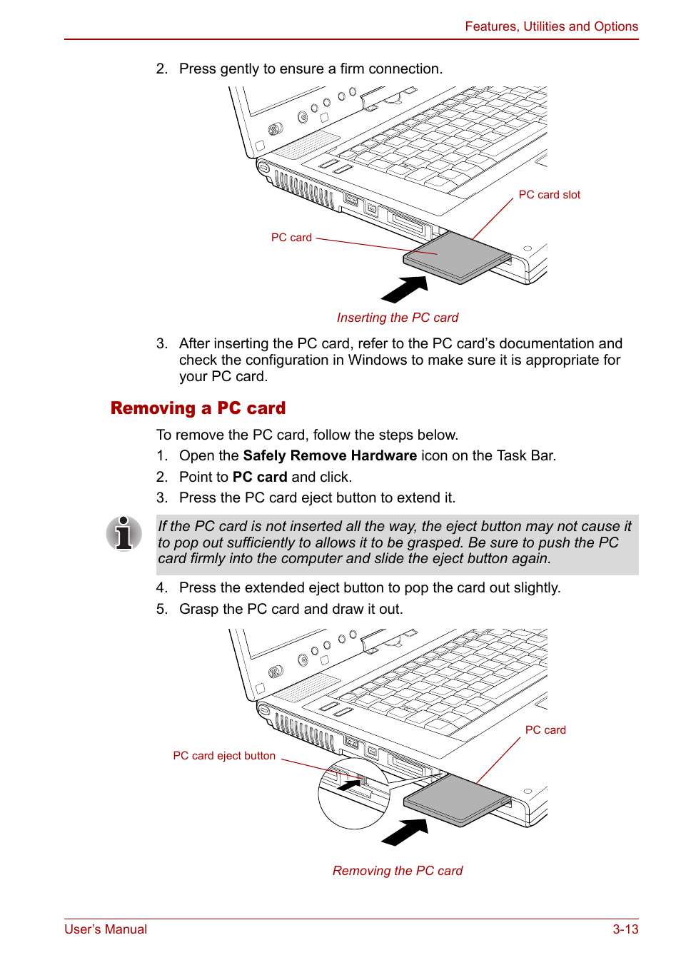 Removing a pc card | Toshiba Tecra M7 User Manual | Page 63 / 244