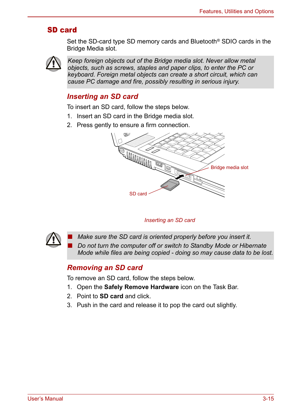 Sd card, Inserting an sd card, Removing an sd card | Toshiba Tecra M7 User Manual | Page 65 / 244