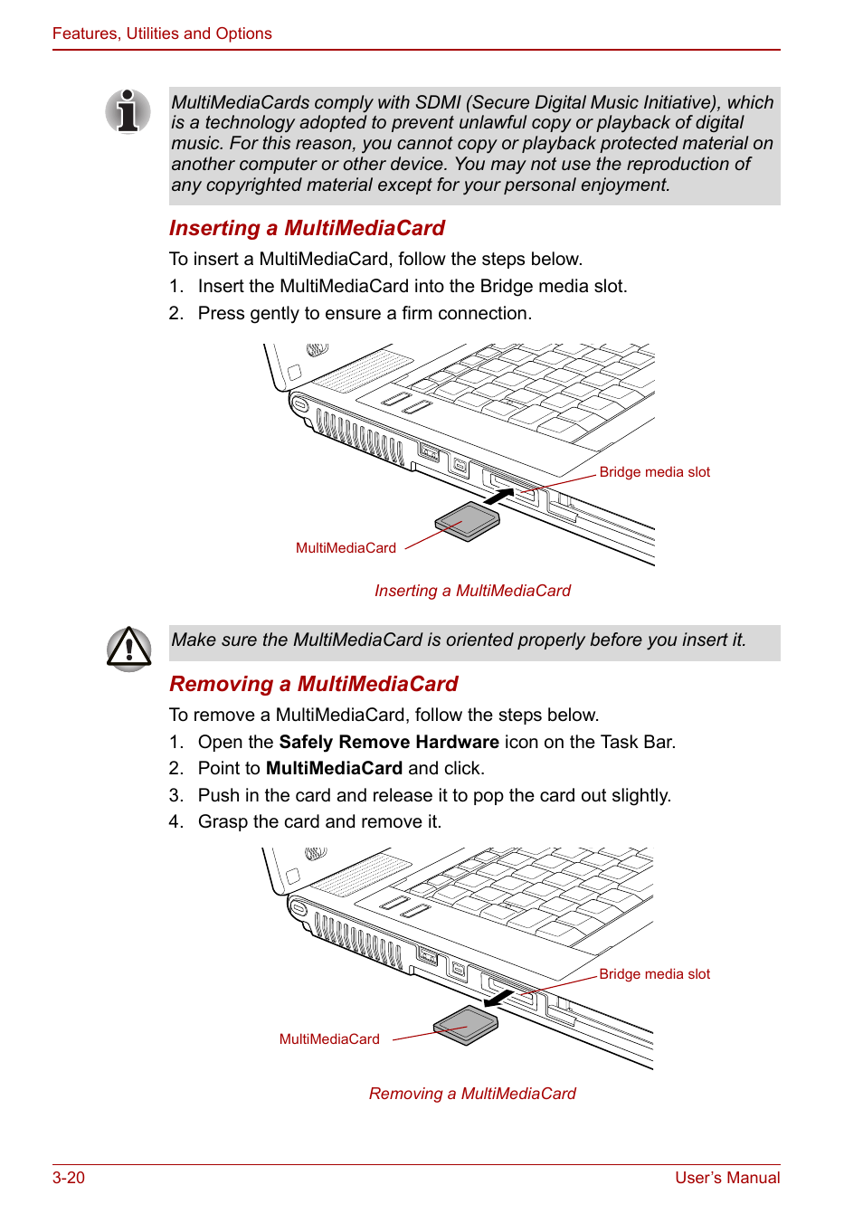 Inserting a multimediacard, Removing a multimediacard | Toshiba Tecra M7 User Manual | Page 70 / 244