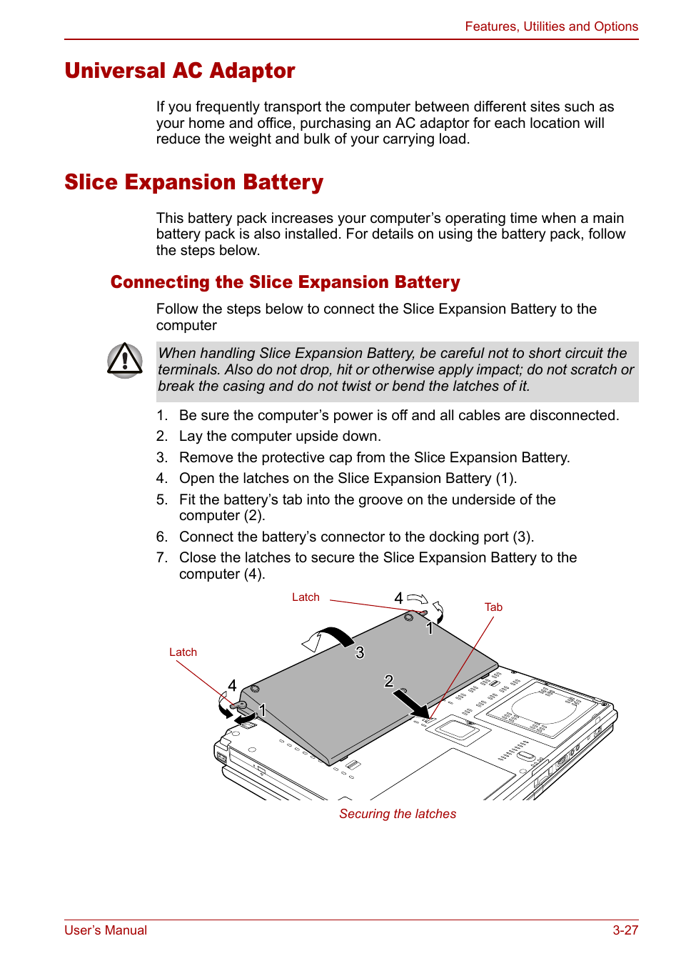 Universal ac adaptor, Slice expansion battery, Connecting the slice expansion battery | Toshiba Tecra M7 User Manual | Page 77 / 244