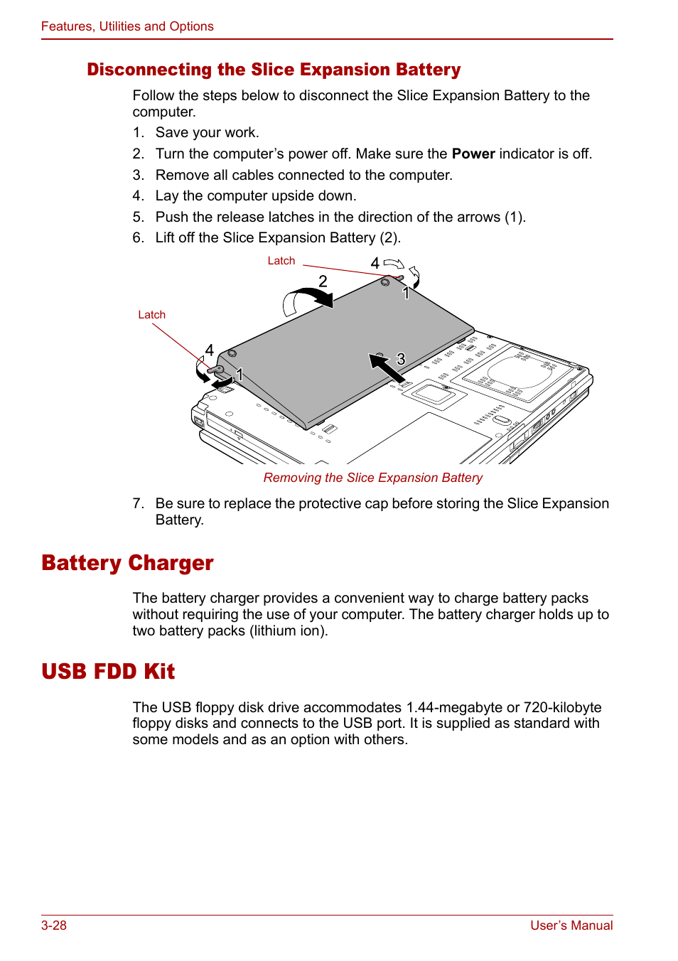 Battery charger, Usb fdd kit, Battery charger -28 usb fdd kit -28 | Disconnecting the slice expansion battery | Toshiba Tecra M7 User Manual | Page 78 / 244