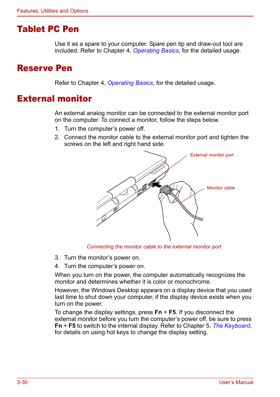 Tablet pc pen, Reserve pen, External monitor | Toshiba Tecra M7 User Manual | Page 80 / 244