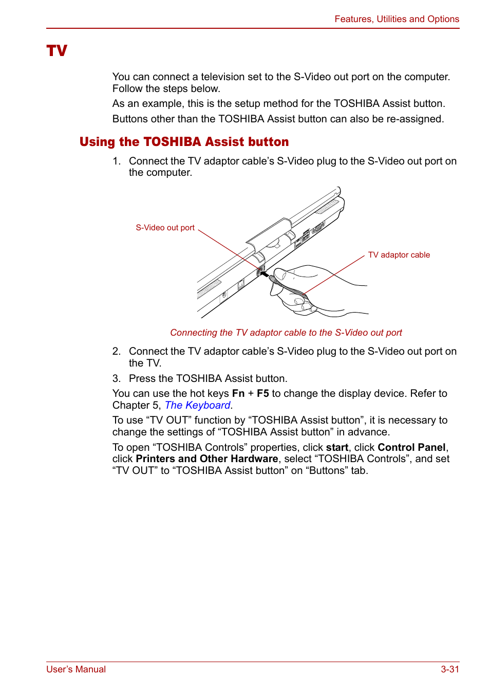 Tv -31, Using the toshiba assist button | Toshiba Tecra M7 User Manual | Page 81 / 244