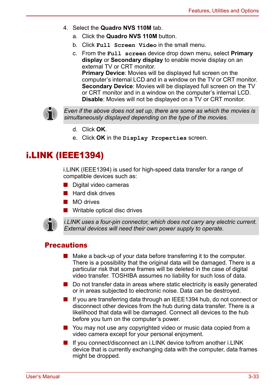 I.link (ieee1394), I.link (ieee1394) -33, Precautions | Toshiba Tecra M7 User Manual | Page 83 / 244