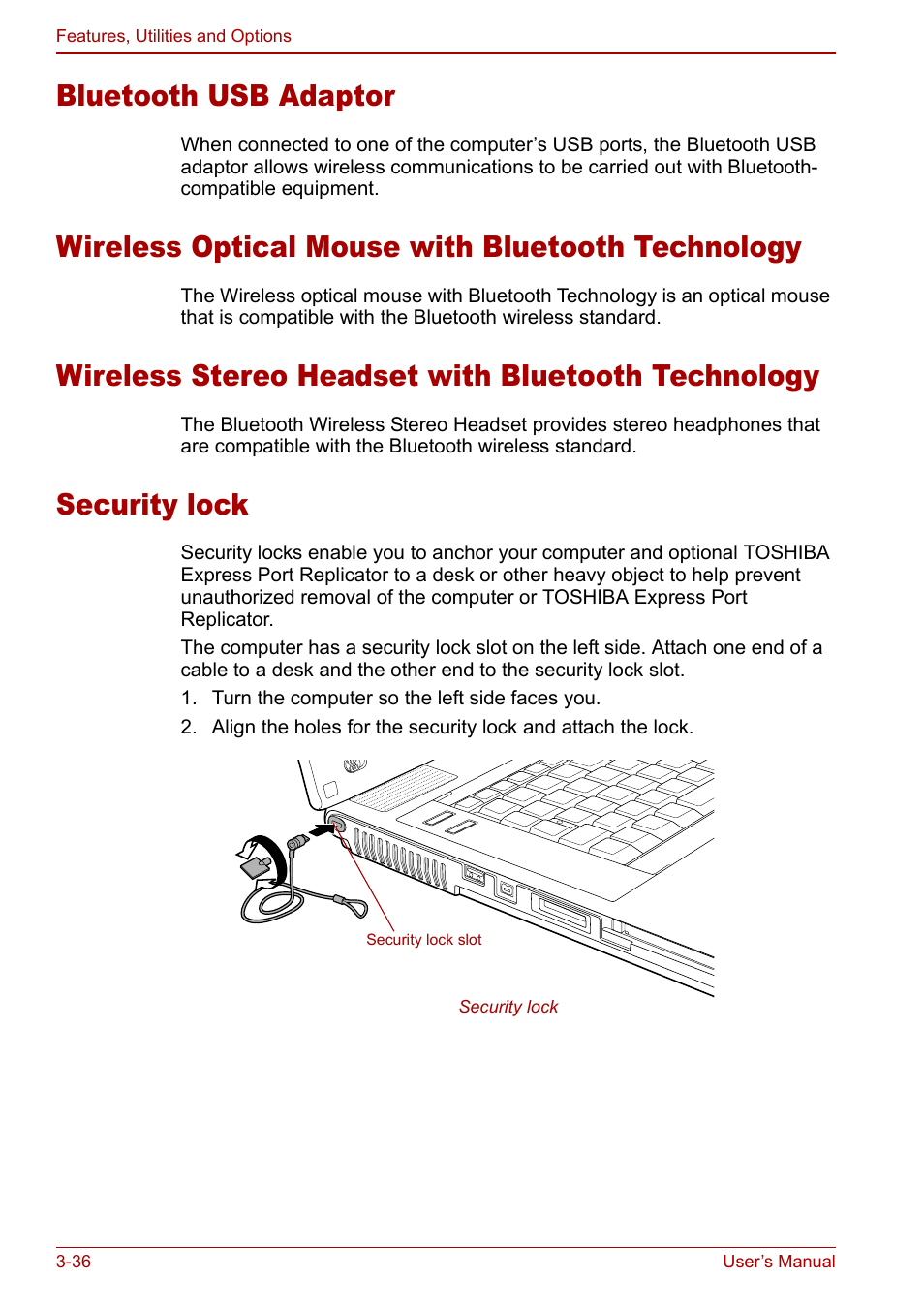Bluetooth usb adaptor, Wireless optical mouse with bluetooth technology, Wireless stereo headset with bluetooth technology | Security lock | Toshiba Tecra M7 User Manual | Page 86 / 244