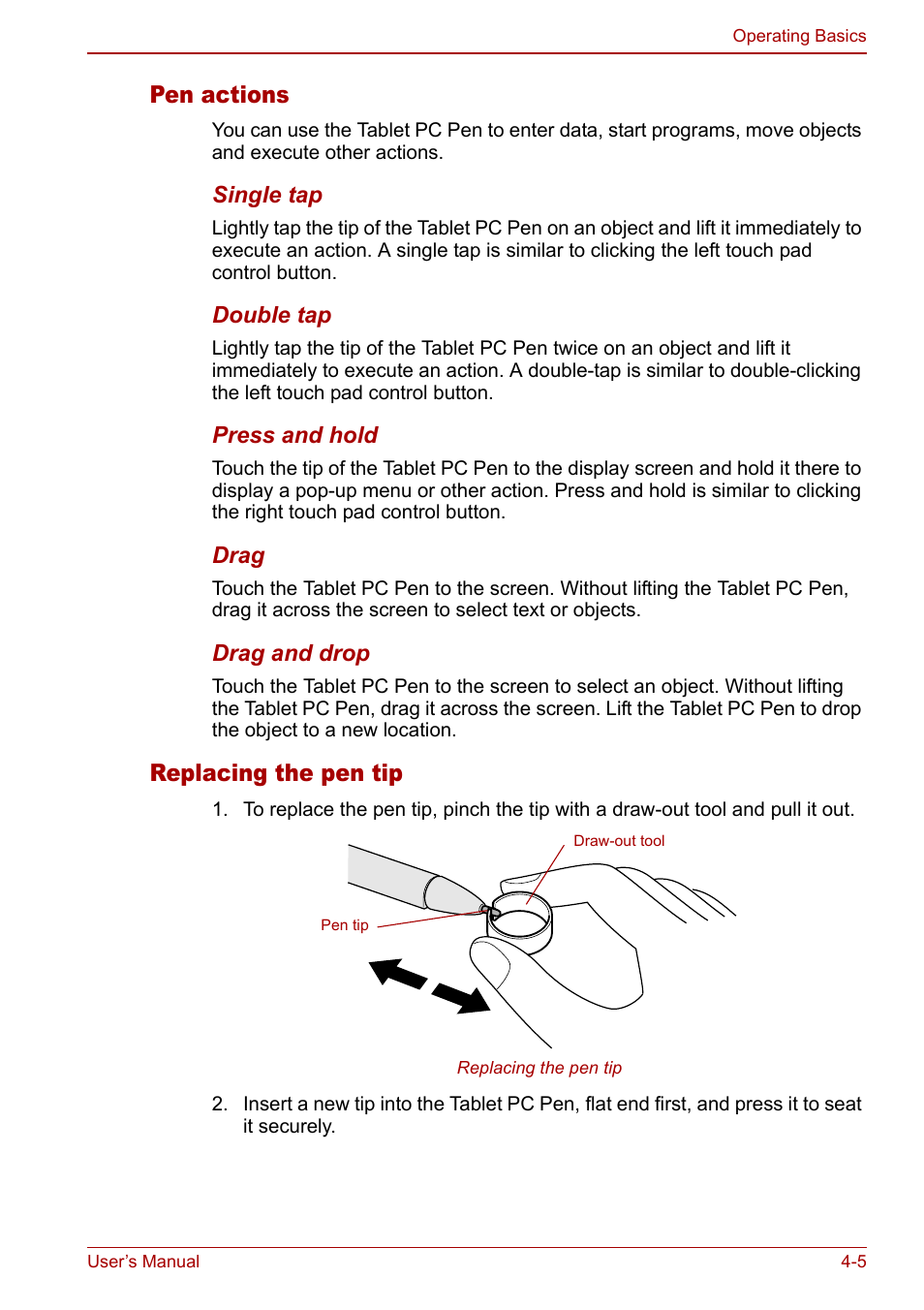 Pen actions, Replacing the pen tip | Toshiba Tecra M7 User Manual | Page 93 / 244