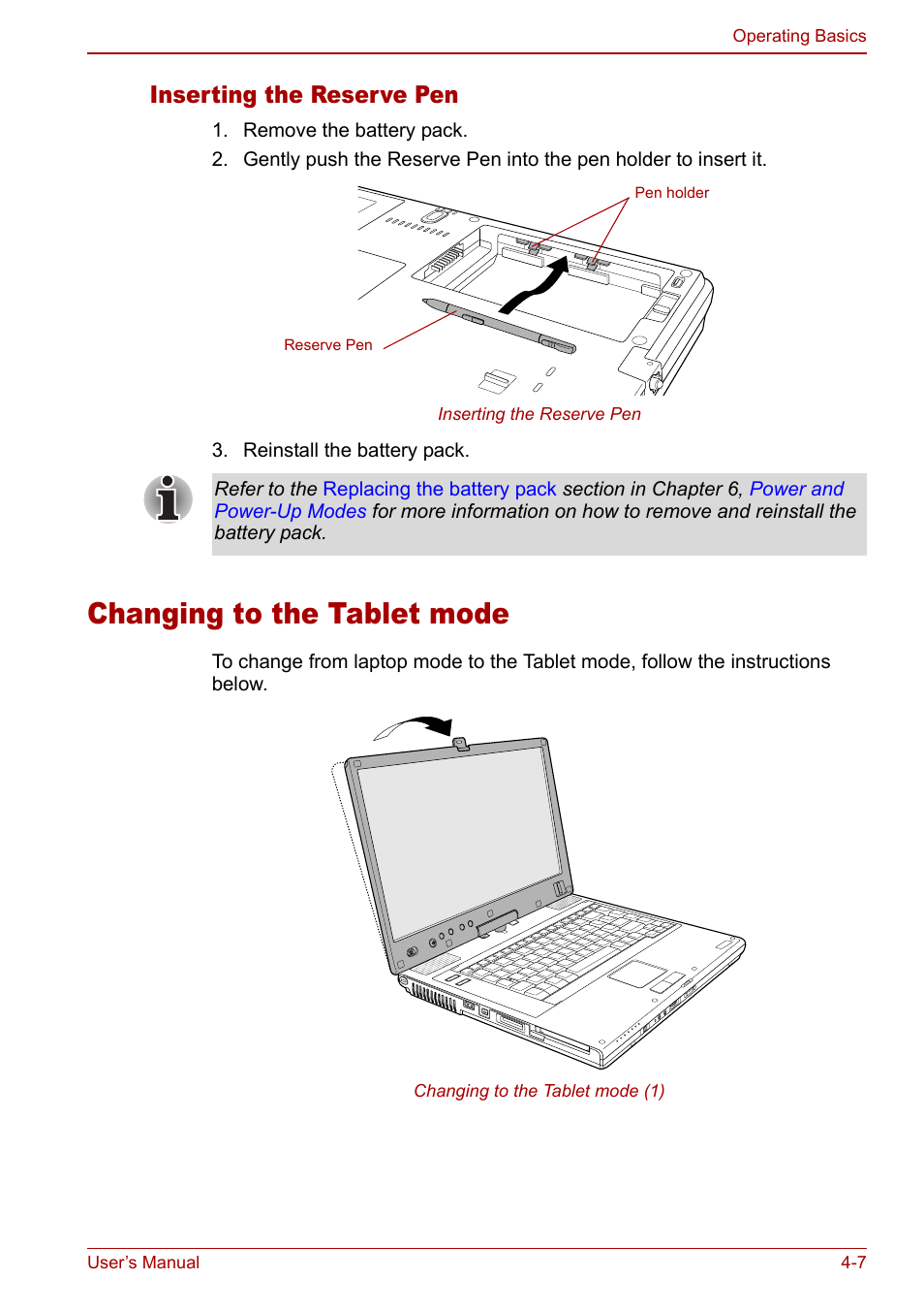 Changing to the tablet mode, Changing to the tablet mode -7, Secti | Inserting the reserve pen | Toshiba Tecra M7 User Manual | Page 95 / 244