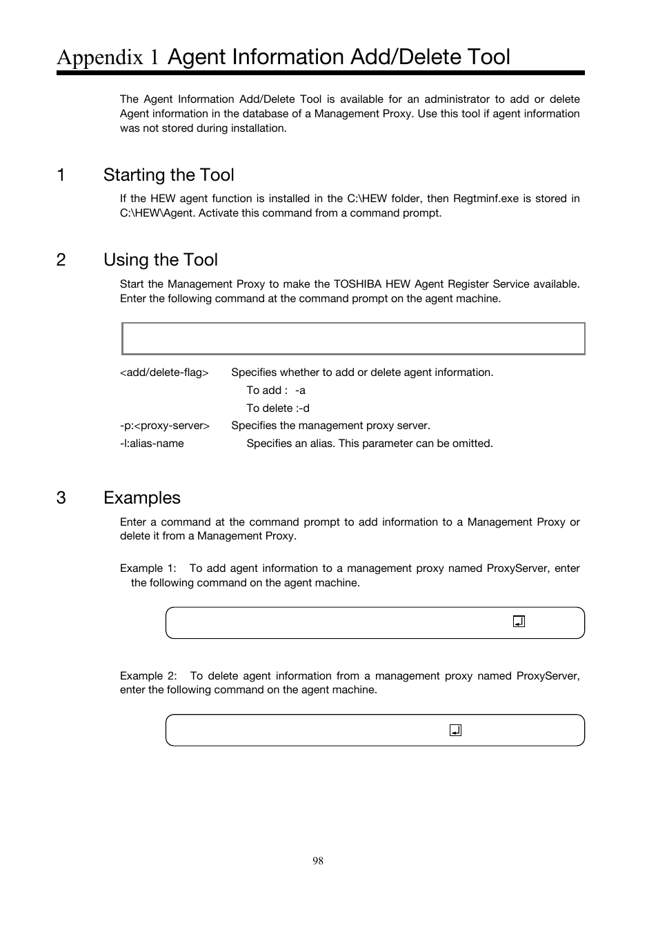 Appendix 1 agent information add/delete tool, 1starting the tool, 2using the tool | 3 examples | Toshiba Magnia 3310 User Manual | Page 107 / 154