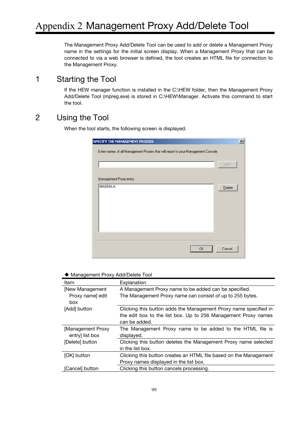 Appendix 2 management proxy add/delete tool, 1starting the tool, 2using the tool | Toshiba Magnia 3310 User Manual | Page 108 / 154