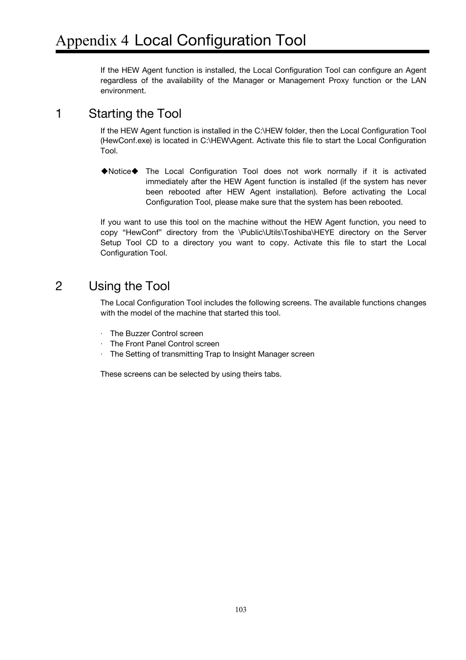 Appendix 4 local configuration tool, 1starting the tool, 2using the tool | Toshiba Magnia 3310 User Manual | Page 112 / 154