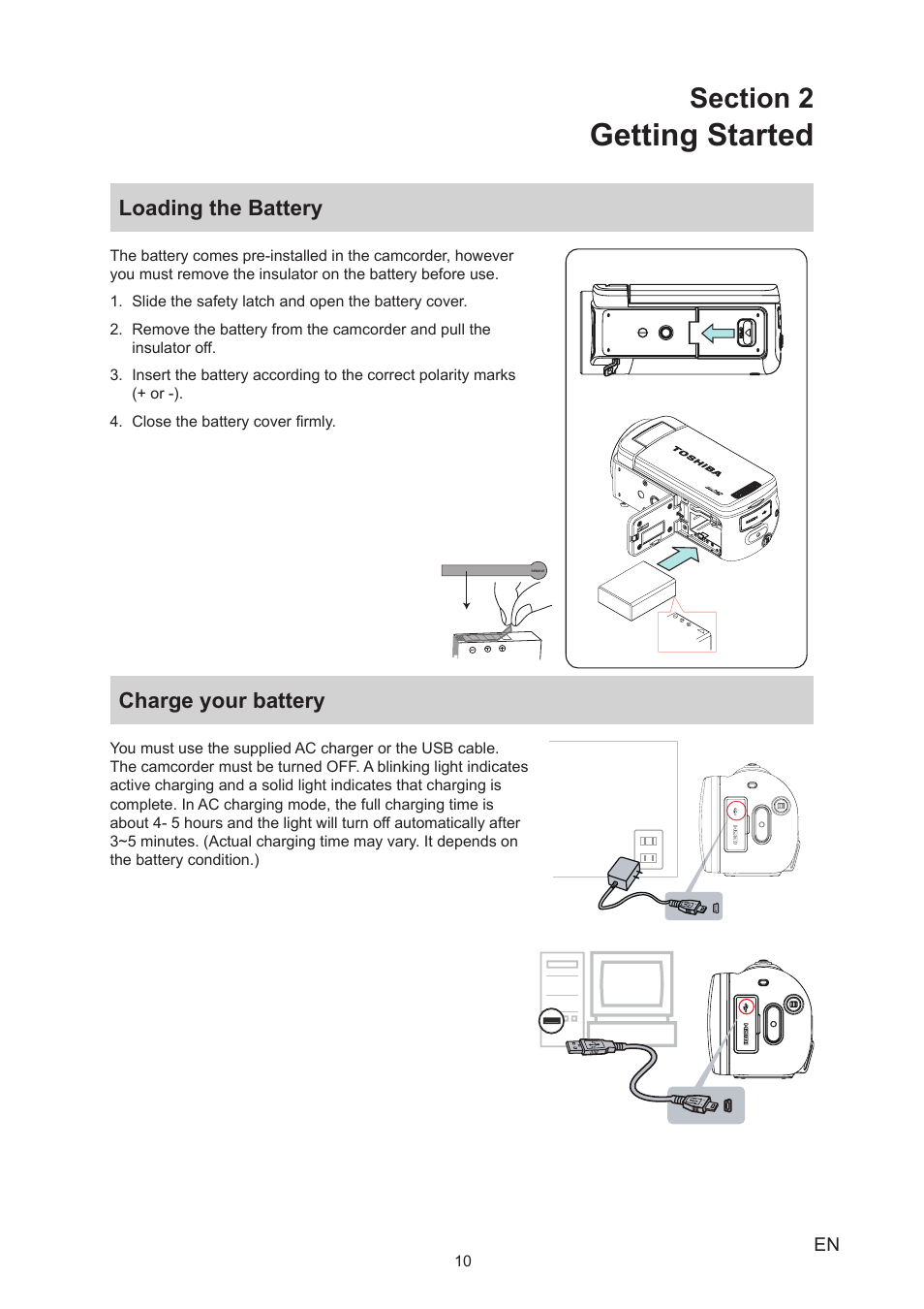 Section 2 getting started, Loading the battery, Charge your battery | Loading the battery charge your battery, Getting started | Toshiba Camileo X200 User Manual | Page 10 / 55