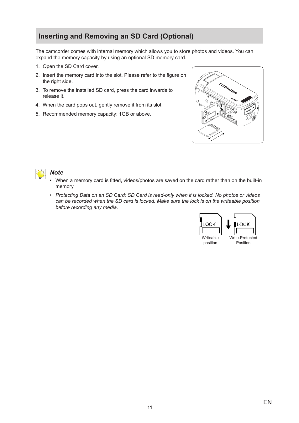 Inserting and removing an sd card (optional) | Toshiba Camileo X200 User Manual | Page 11 / 55