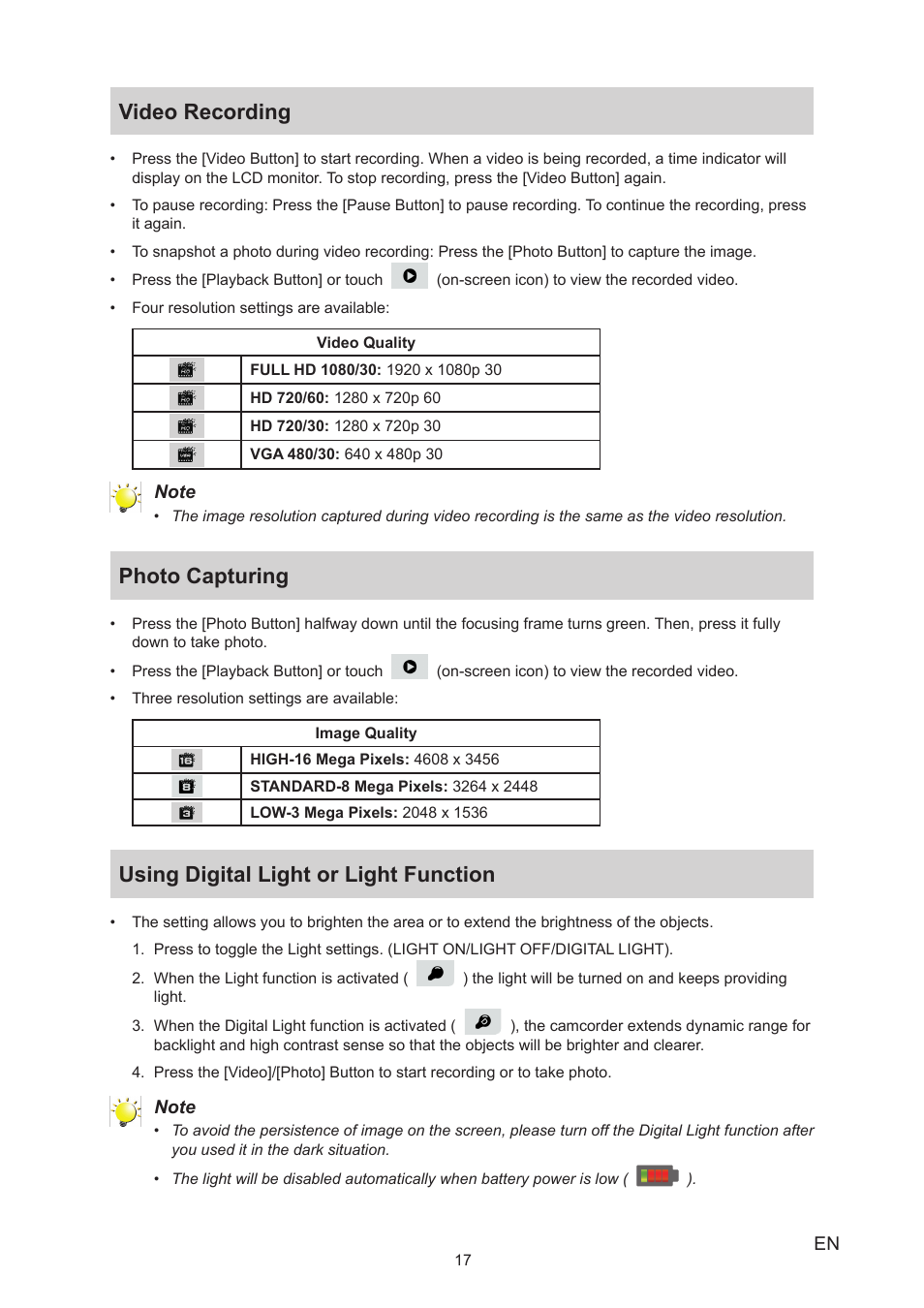 Video recording, Photo capturing, Using digital light or light function | Toshiba Camileo X200 User Manual | Page 17 / 55