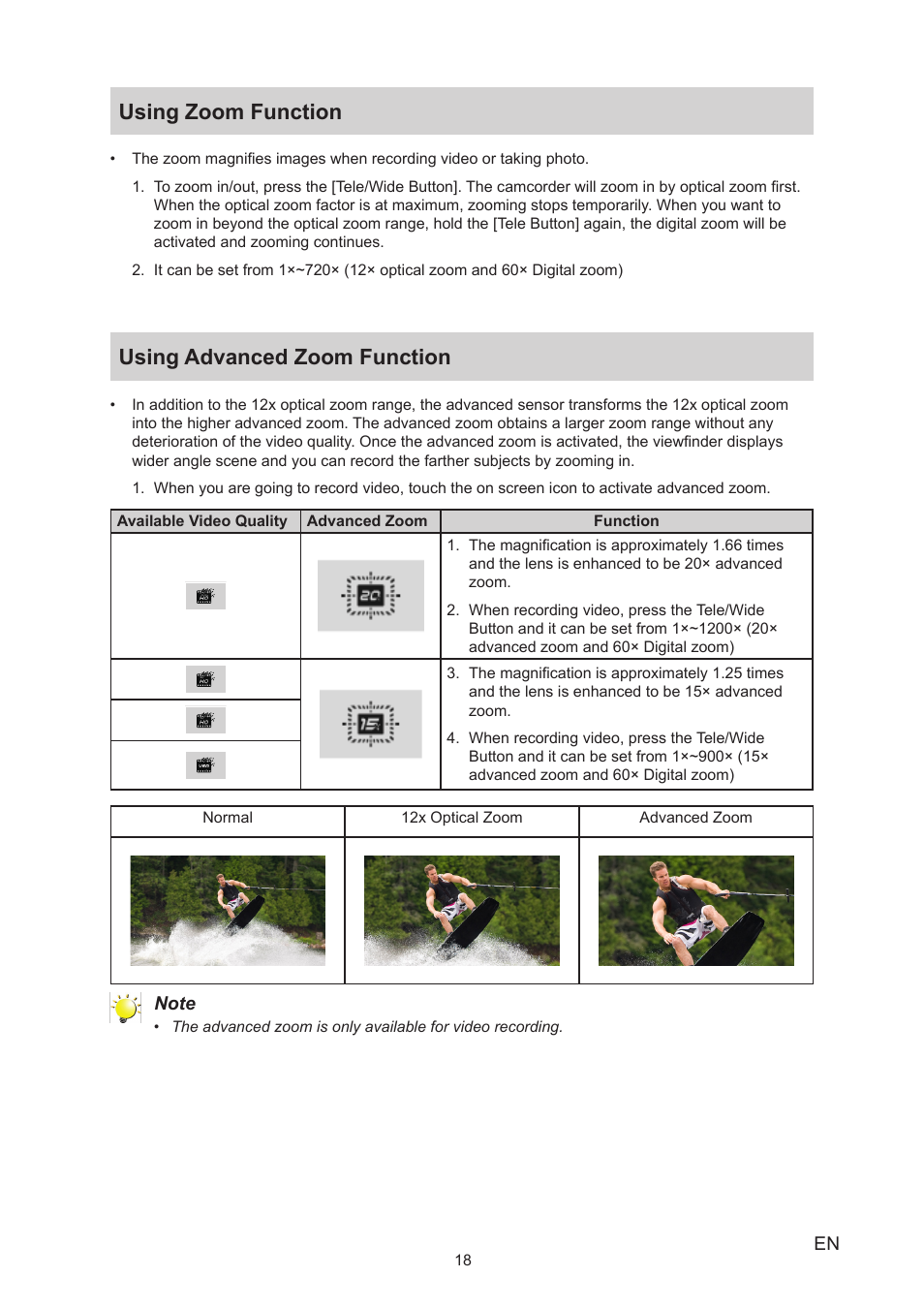 Using zoom function, Using advanced zoom function, Using zoom function using advanced zoom function | Toshiba Camileo X200 User Manual | Page 18 / 55