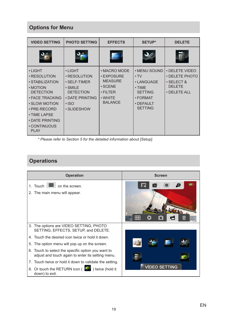 Options for menu, Operations, Options for menu operations | Toshiba Camileo X200 User Manual | Page 19 / 55