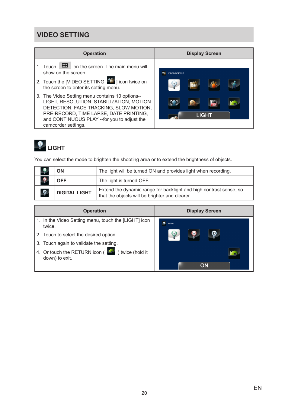 Video setting | Toshiba Camileo X200 User Manual | Page 20 / 55