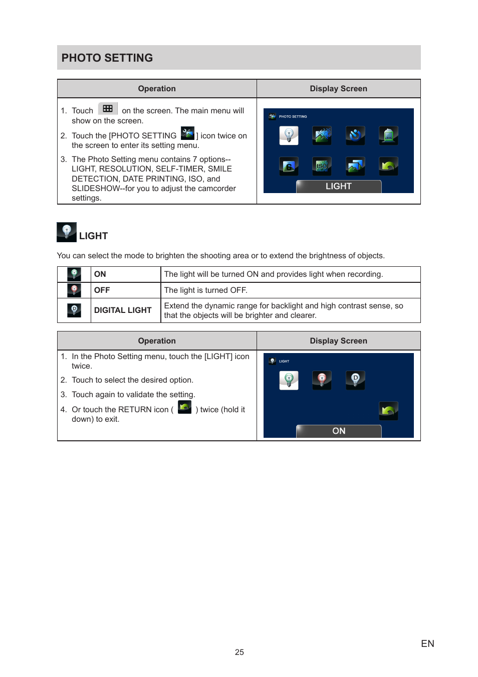 Photo setting | Toshiba Camileo X200 User Manual | Page 25 / 55