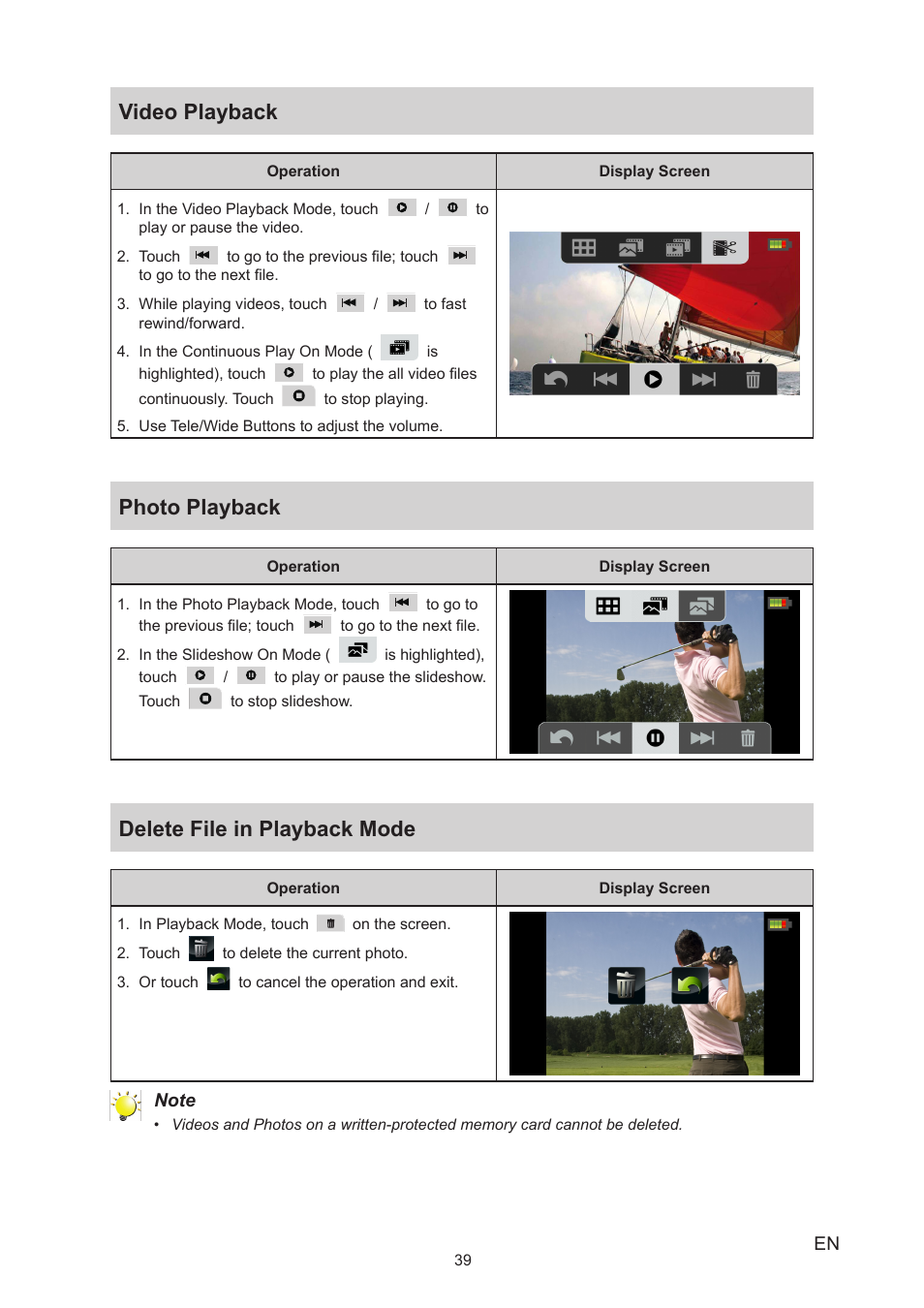 Video playback, Photo playback, Delete file in playback mode | Toshiba Camileo X200 User Manual | Page 39 / 55