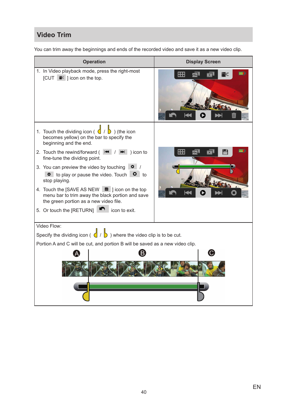 Video trim | Toshiba Camileo X200 User Manual | Page 40 / 55