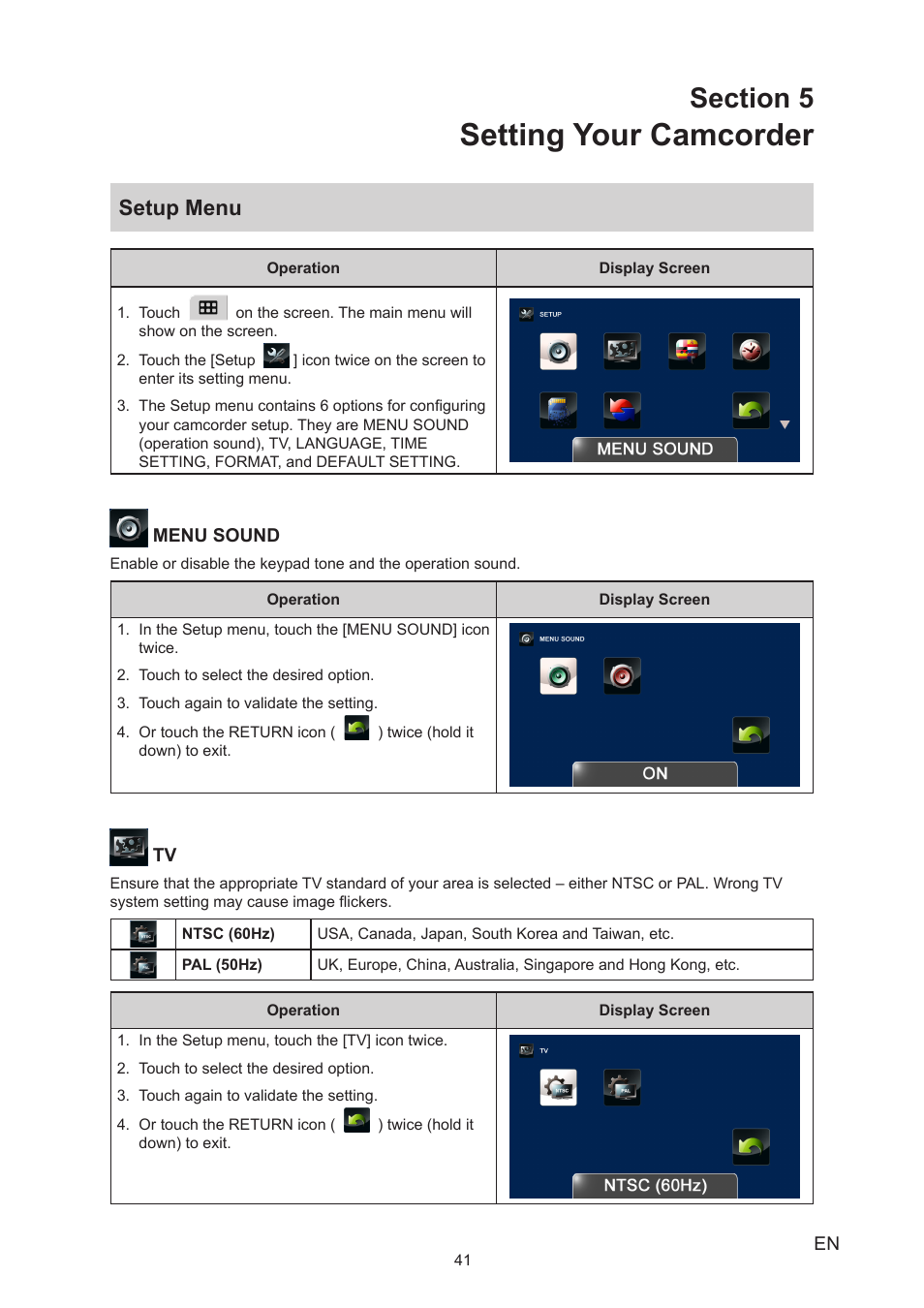 Section 5 setting your camcorder, Setup menu, Setting your camcorder | Toshiba Camileo X200 User Manual | Page 41 / 55