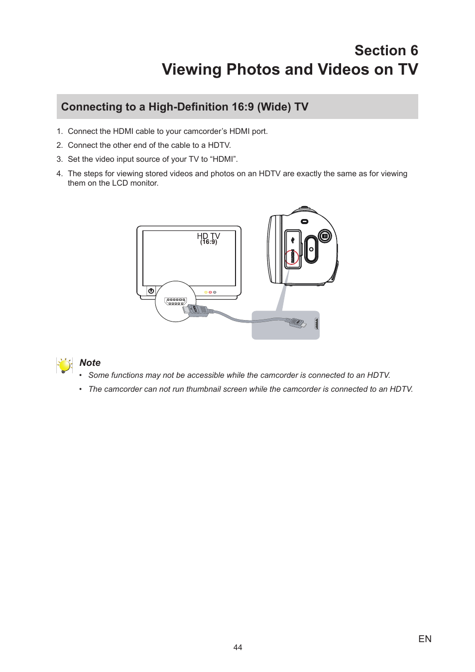 Section 6 viewing photos and videos on tv, Connecting to a high-definition 16:9 (wide) tv, Viewing photos and videos on tv | Toshiba Camileo X200 User Manual | Page 44 / 55