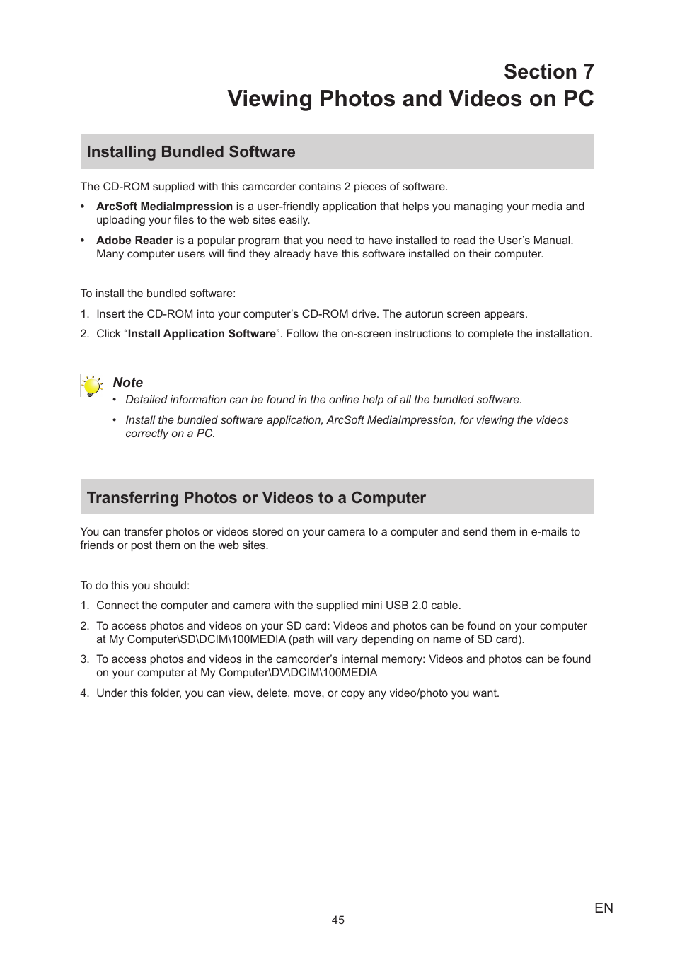 Section 7 viewing photos and videos on pc, Installing bundled software, Transferring photos or videos to a computer | Viewing photos and videos on pc | Toshiba Camileo X200 User Manual | Page 45 / 55