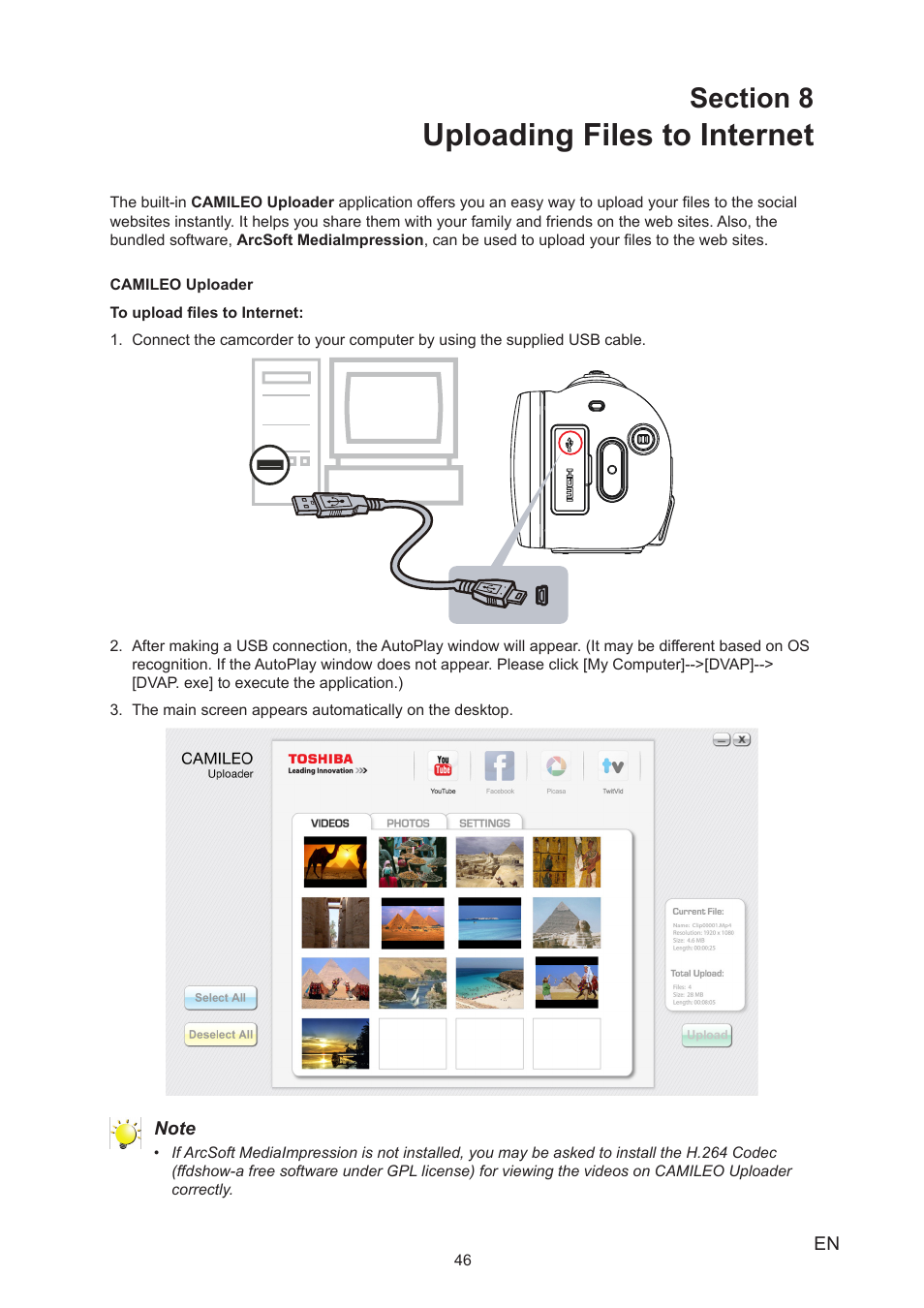 Section 8 uploading files to internet, Uploading files to internet | Toshiba Camileo X200 User Manual | Page 46 / 55