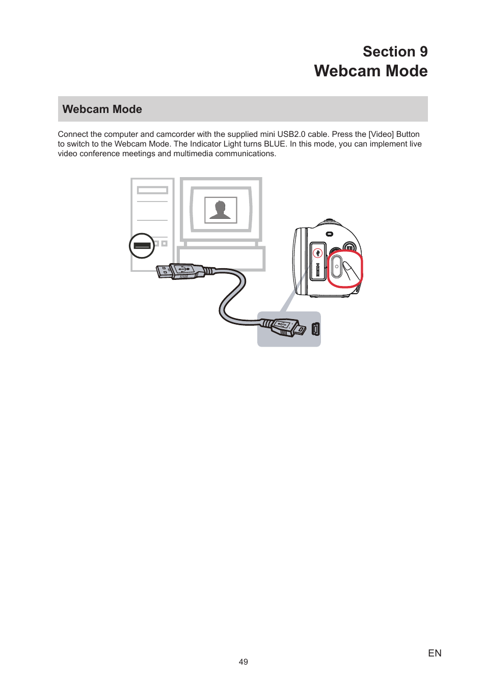 Section 9 webcam mode, Webcam mode | Toshiba Camileo X200 User Manual | Page 49 / 55