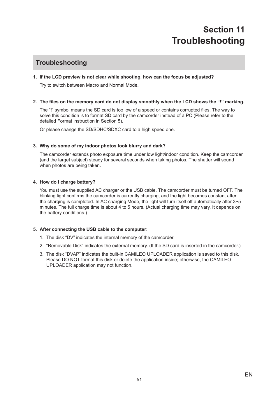 Section 11 troubleshooting, Troubleshooting | Toshiba Camileo X200 User Manual | Page 51 / 55