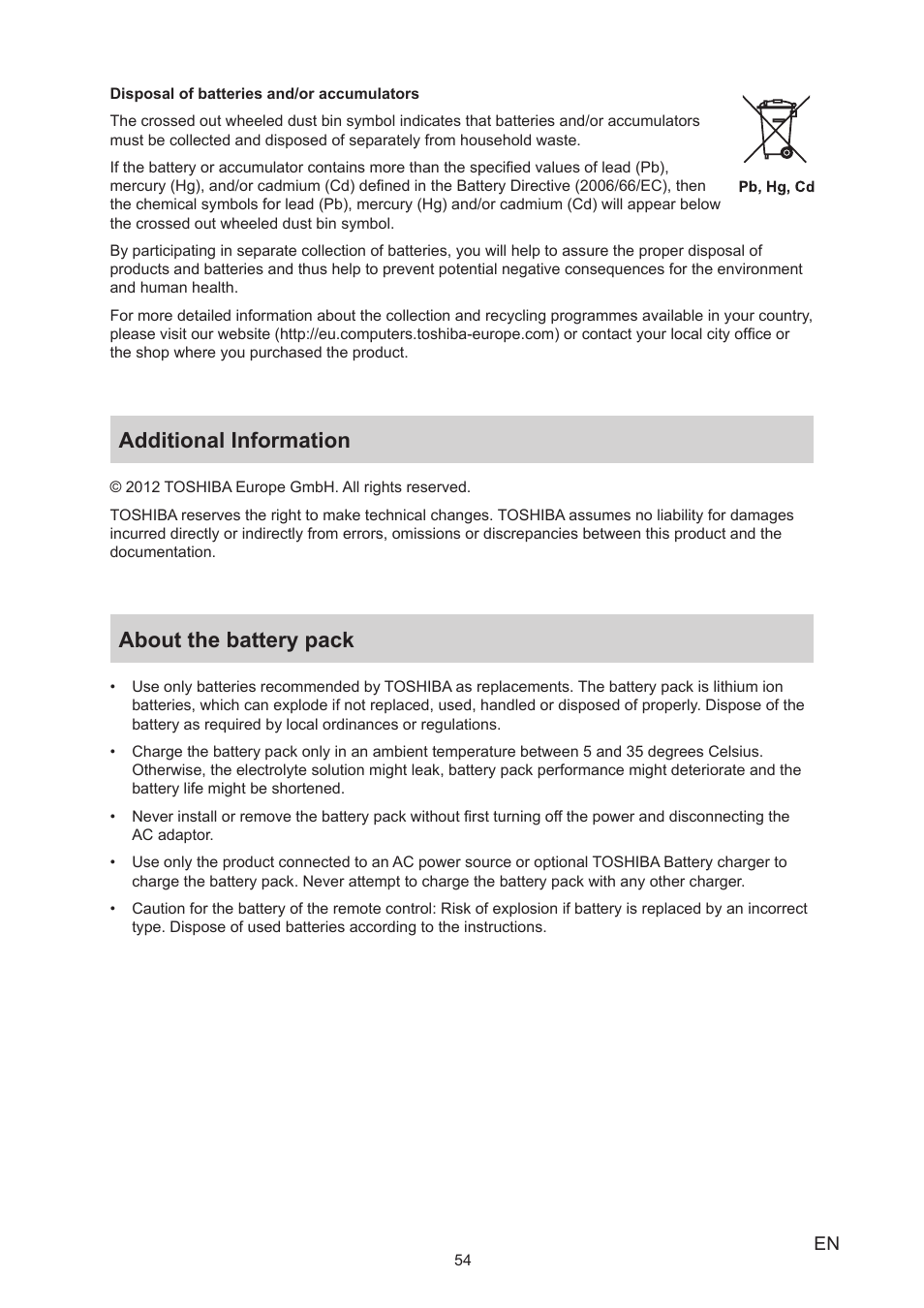 Additional information, About the battery pack, Additional information about the battery pack | Toshiba Camileo X200 User Manual | Page 54 / 55