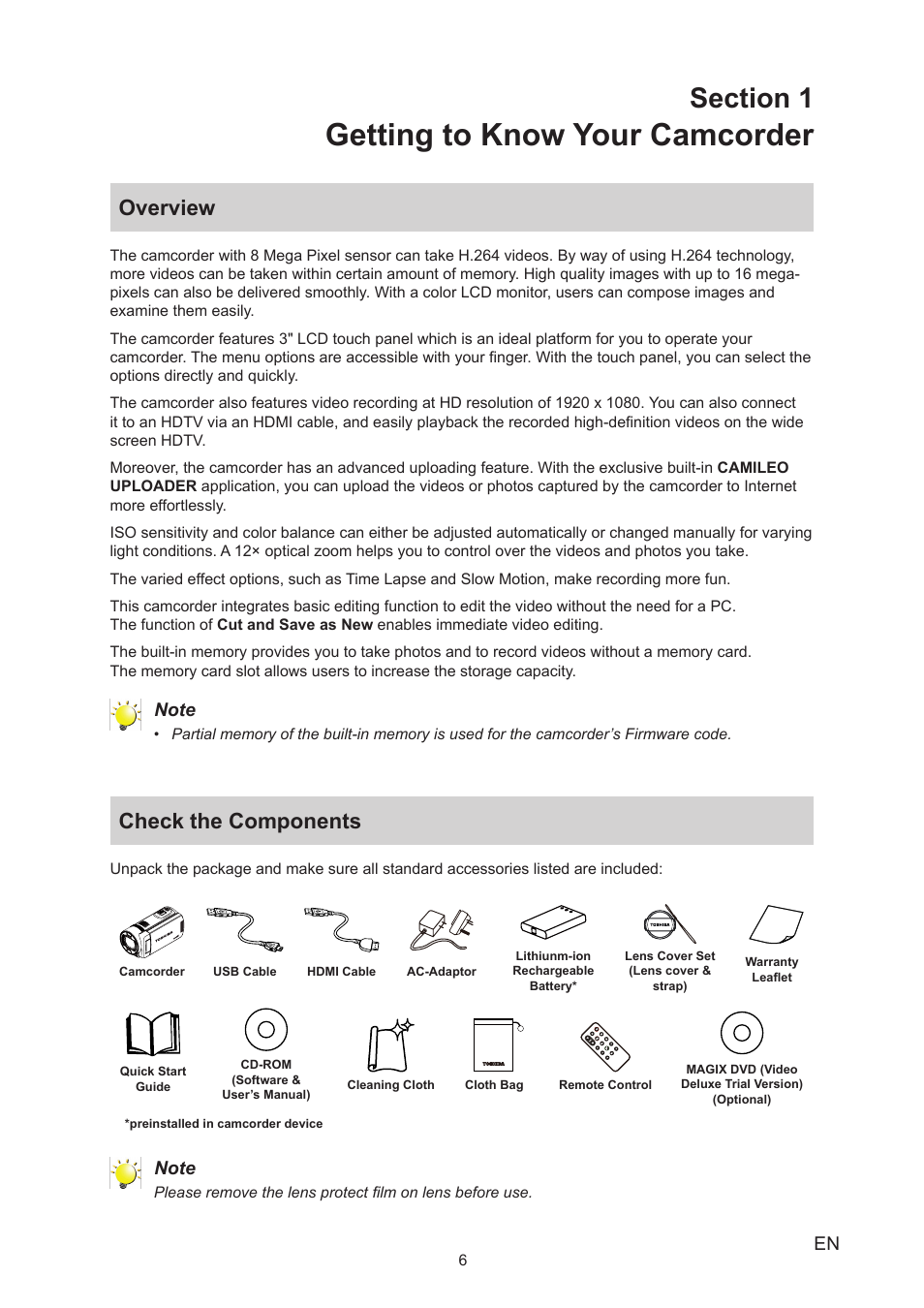 Section 1 getting to know your camcorder, Overview, Check the components | Overview check the components, Getting to know your camcorder | Toshiba Camileo X200 User Manual | Page 6 / 55