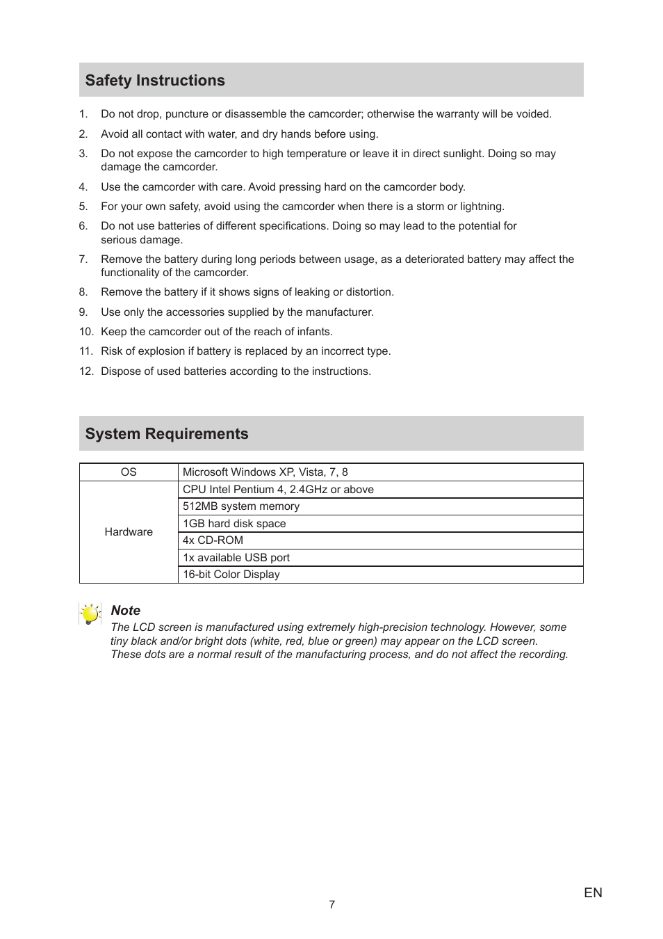 Safety instructions, System requirements, Safety instructions system requirements | Toshiba Camileo X200 User Manual | Page 7 / 55