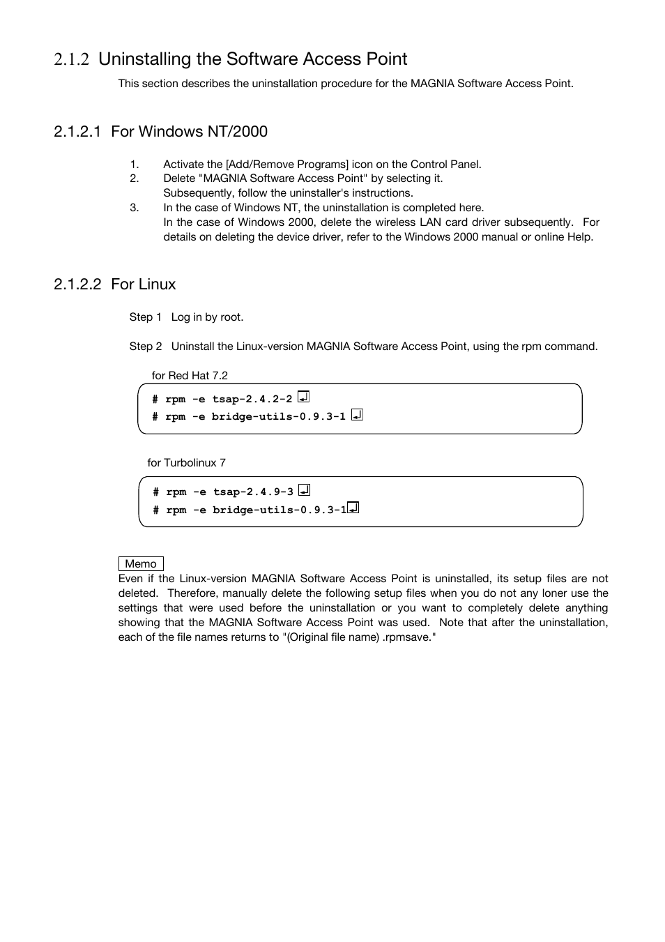 Uninstalling the software access point, For windows nt/2000, For linux | 2 uninstalling the software access point, 2 for linux | Toshiba Magnia Z500 User Manual | Page 30 / 106