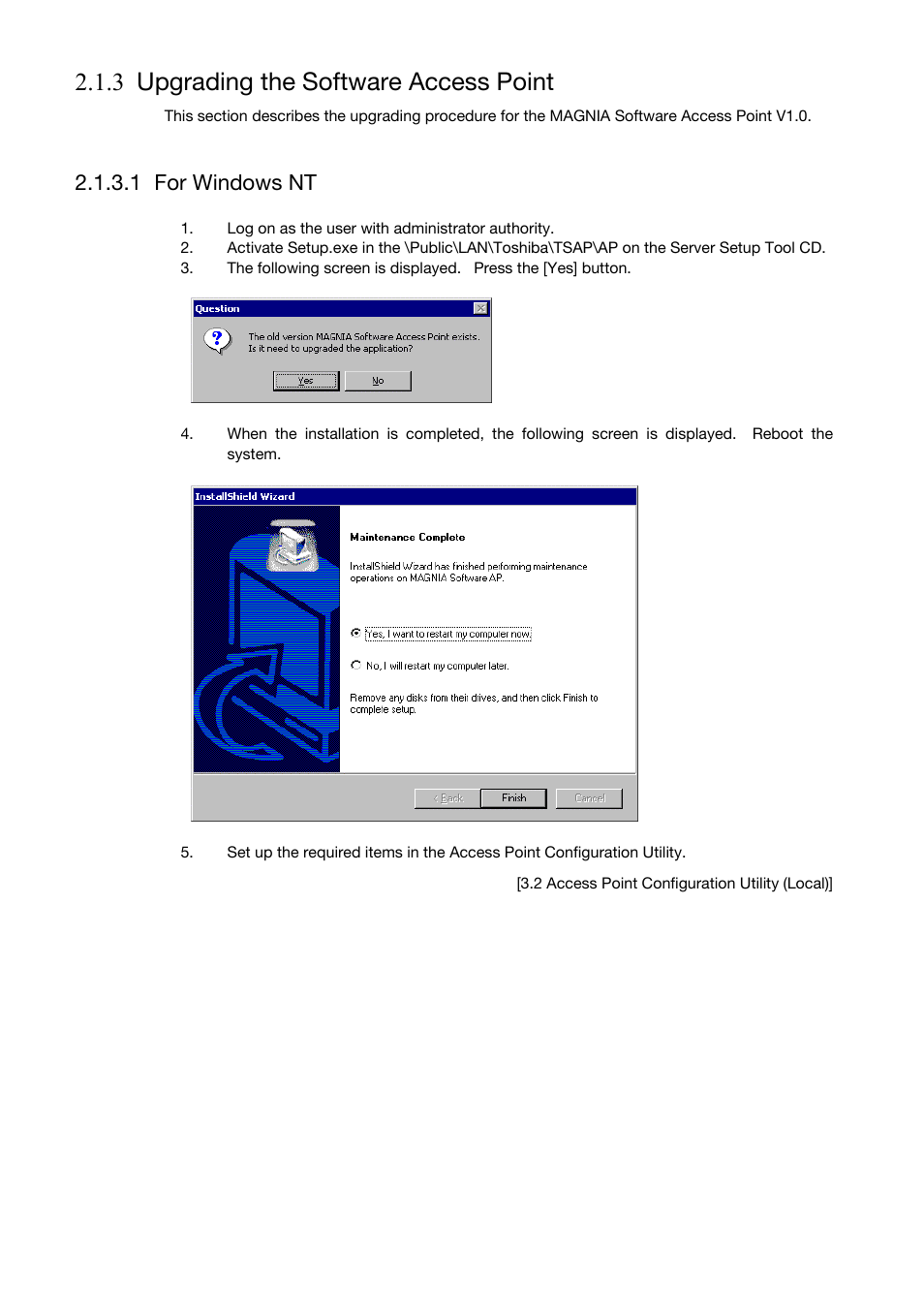 Upgrading the software access point, For windows nt, 3 upgrading the software access point | 1 for windows nt | Toshiba Magnia Z500 User Manual | Page 32 / 106