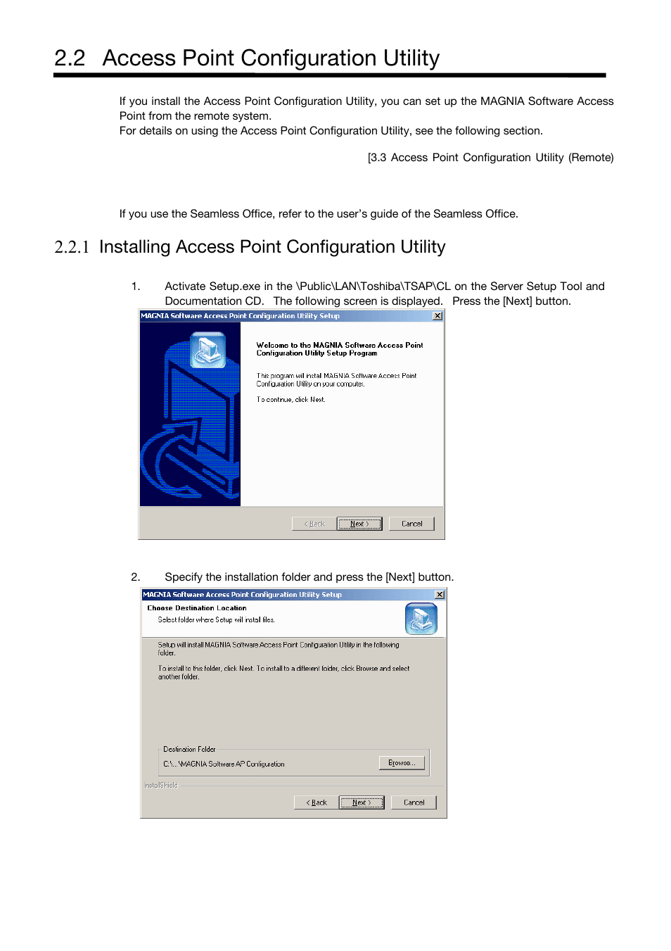 Access point configuration utility, Installing access point configuration utility, 2 access point configuration utility | 1 installing access point configuration utility | Toshiba Magnia Z500 User Manual | Page 38 / 106