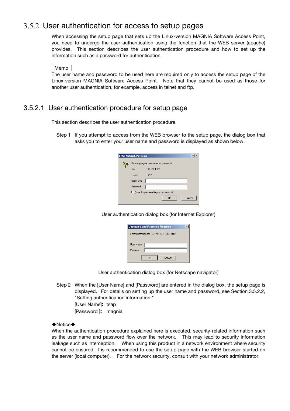 2 user authentication for access to setup pages, 1 user authentication procedure for setup page | Toshiba Magnia Z500 User Manual | Page 62 / 106