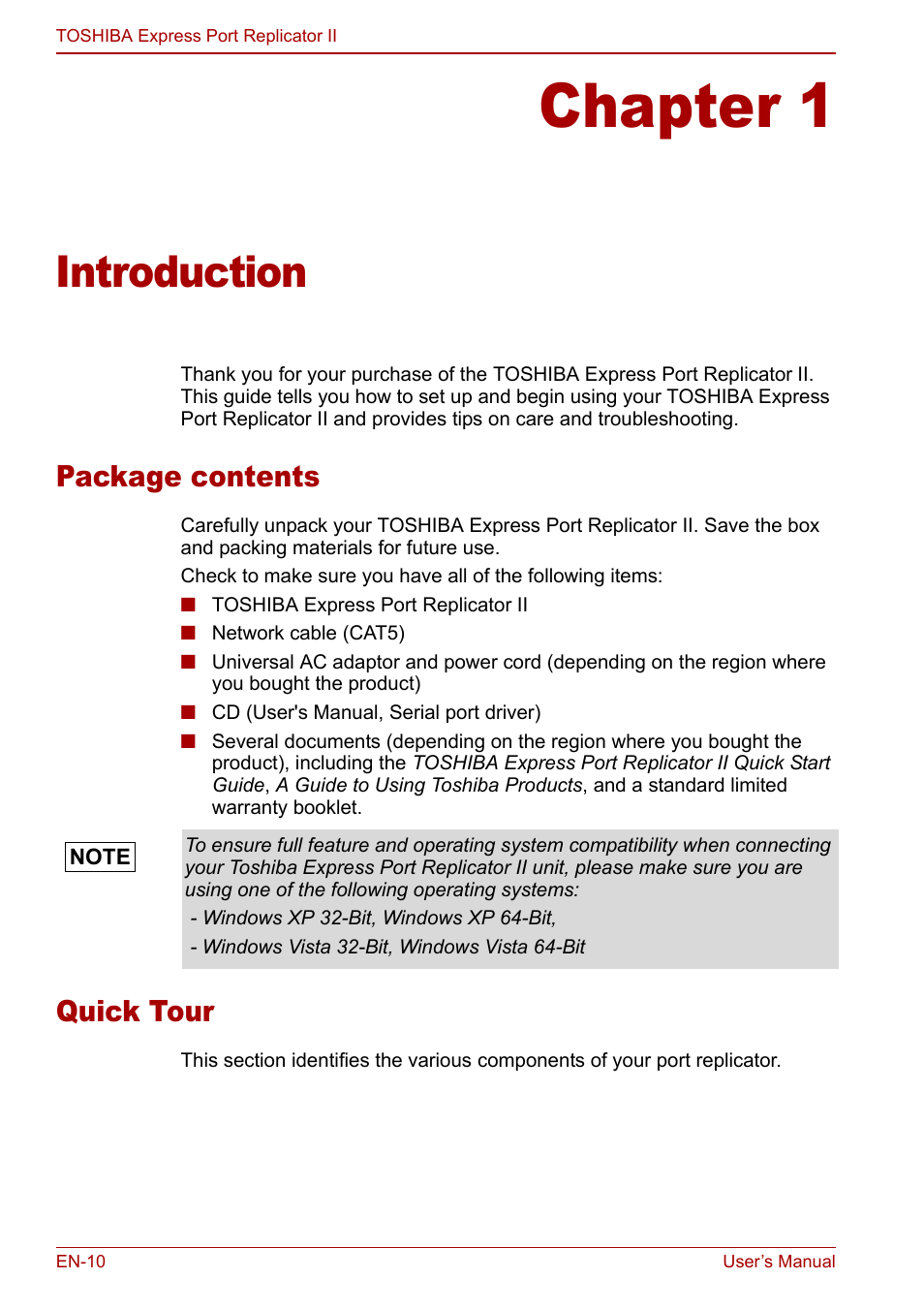Chapter 1 - introduction, Package contents, Quick tour | Chapter 1, Introduction, Package contents quick tour | Toshiba Express Port Replicator II User Manual | Page 10 / 37