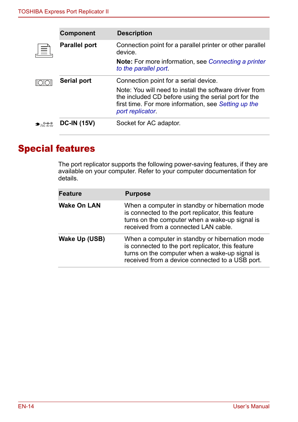 Special features | Toshiba Express Port Replicator II User Manual | Page 14 / 37