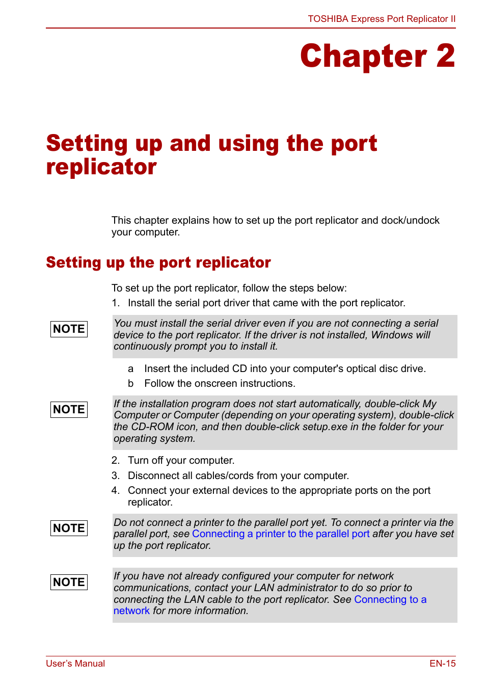 Setting up the port replicator, Chapter 2, Setting up and using the port replicator | Setting up the, Port replicator | Toshiba Express Port Replicator II User Manual | Page 15 / 37
