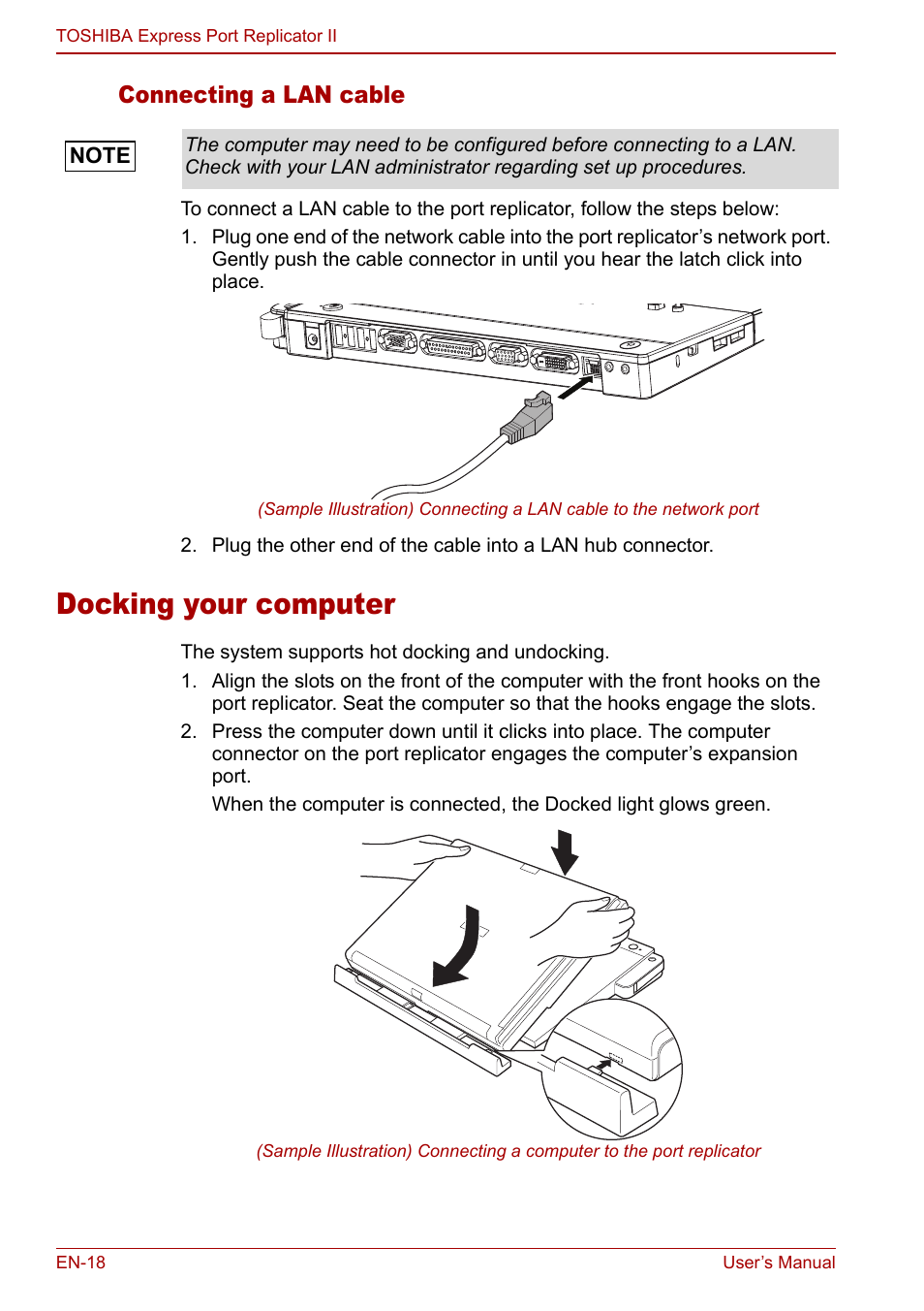 Docking your computer, Connecting a lan cable | Toshiba Express Port Replicator II User Manual | Page 18 / 37