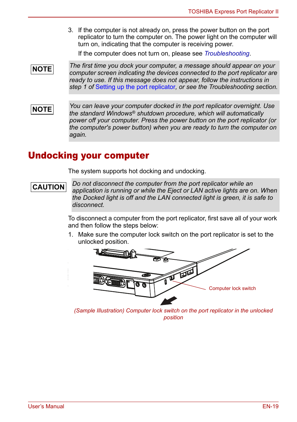 Undocking your computer | Toshiba Express Port Replicator II User Manual | Page 19 / 37