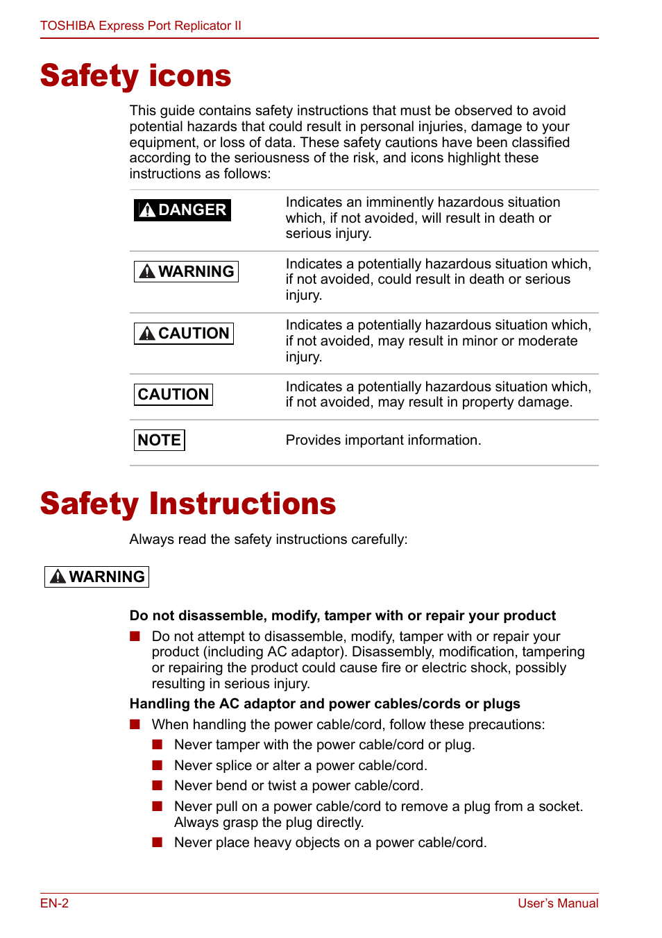 User’s manual, Safety icons, Safety instructions | Toshiba Express Port Replicator II User Manual | Page 2 / 37