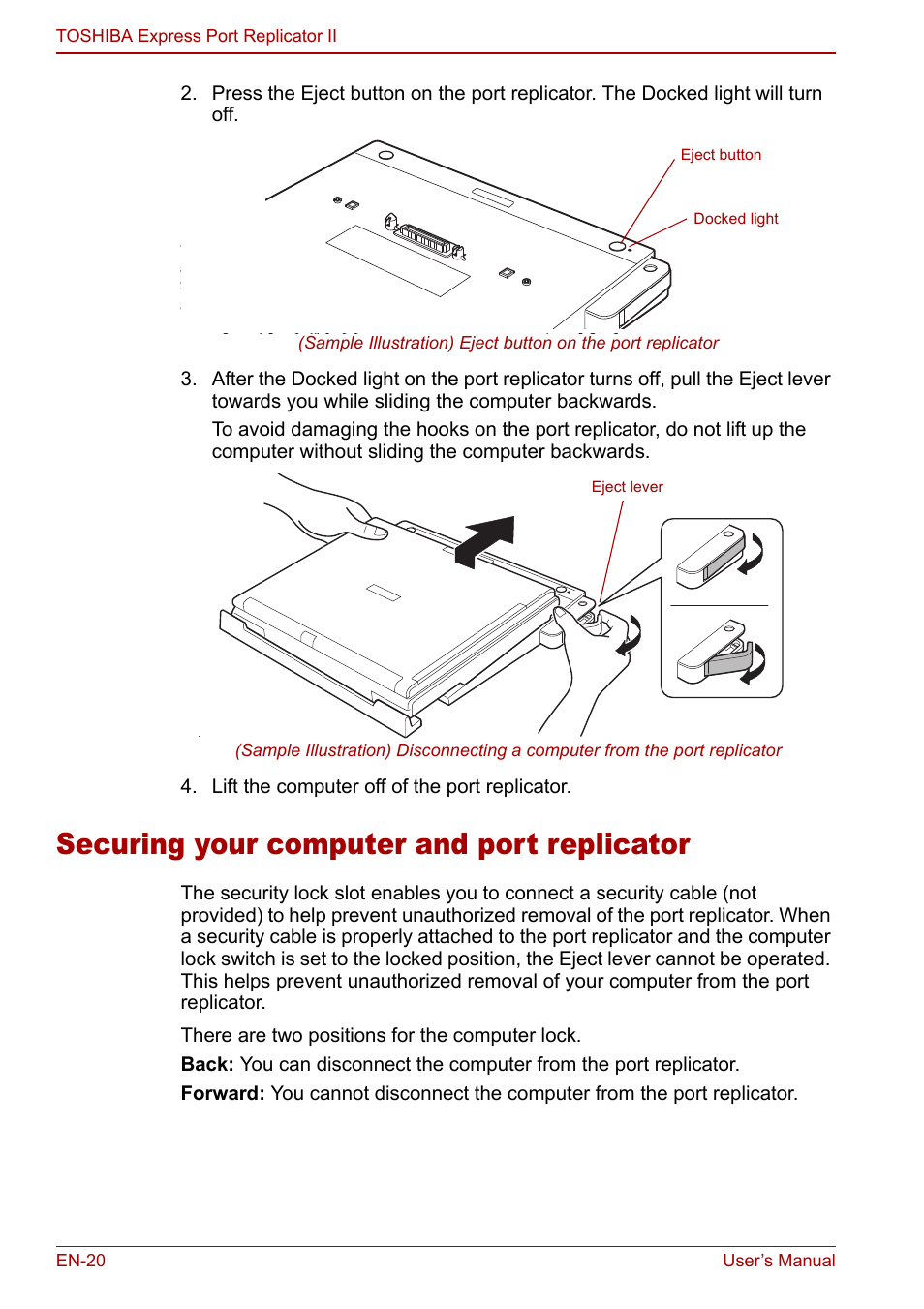 Securing your computer and port replicator | Toshiba Express Port Replicator II User Manual | Page 20 / 37