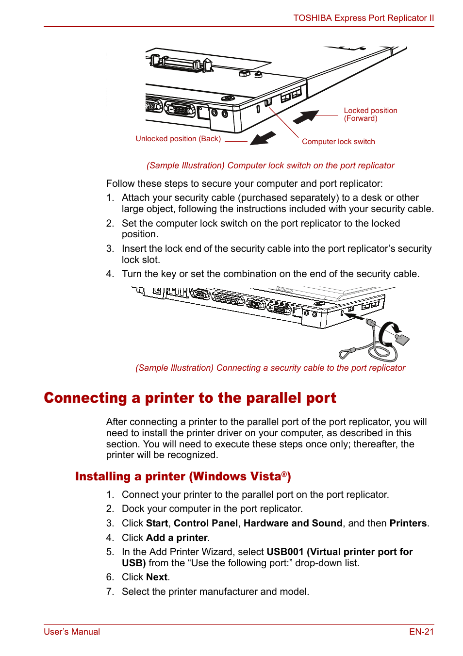 Connecting a printer to the parallel port, For more information, see, Connecting a printer | To the parallel port, Installing a printer (windows vista | Toshiba Express Port Replicator II User Manual | Page 21 / 37